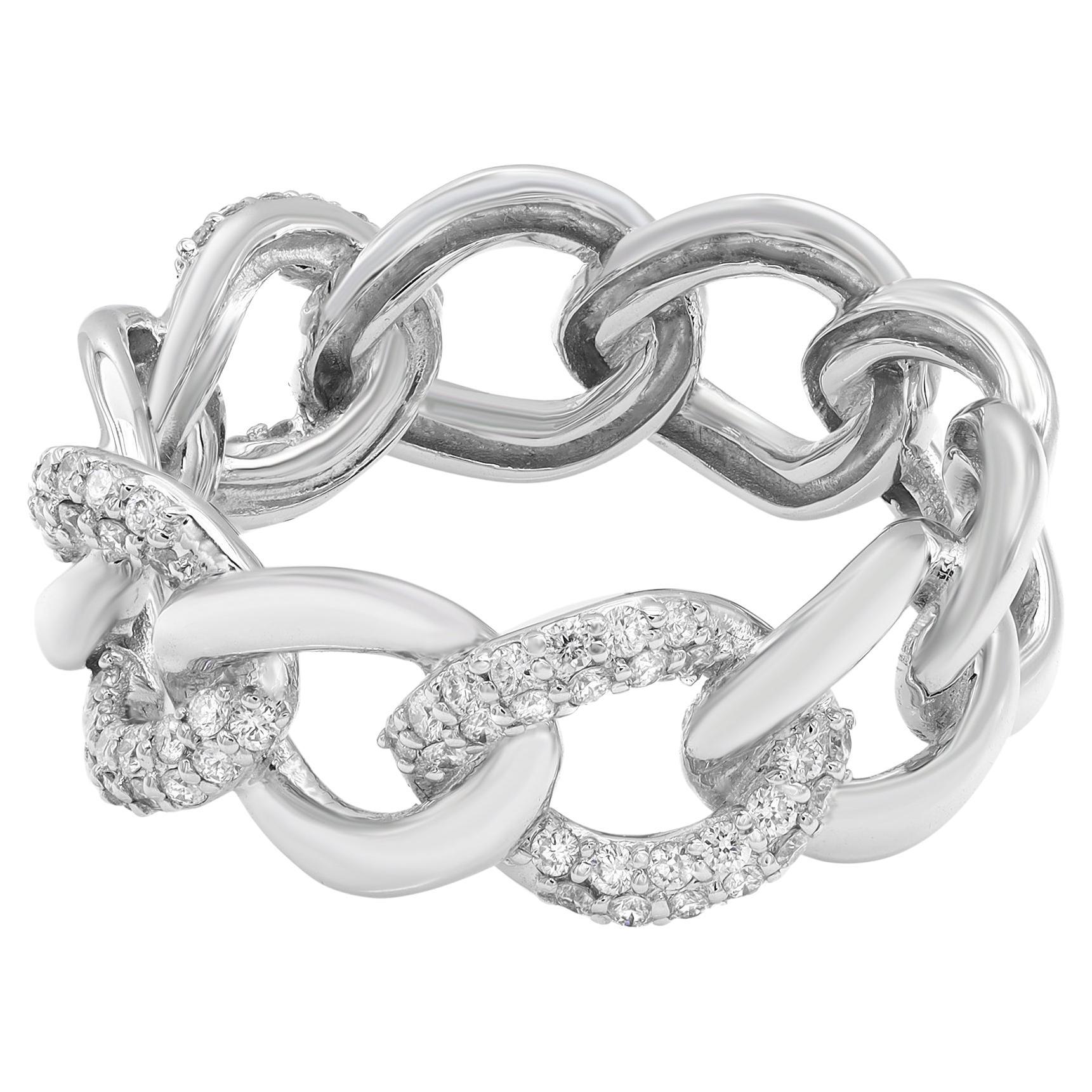 Pave Set Round Cut Diamond Chain Link Ring Band 18K White Gold 0.39cttw