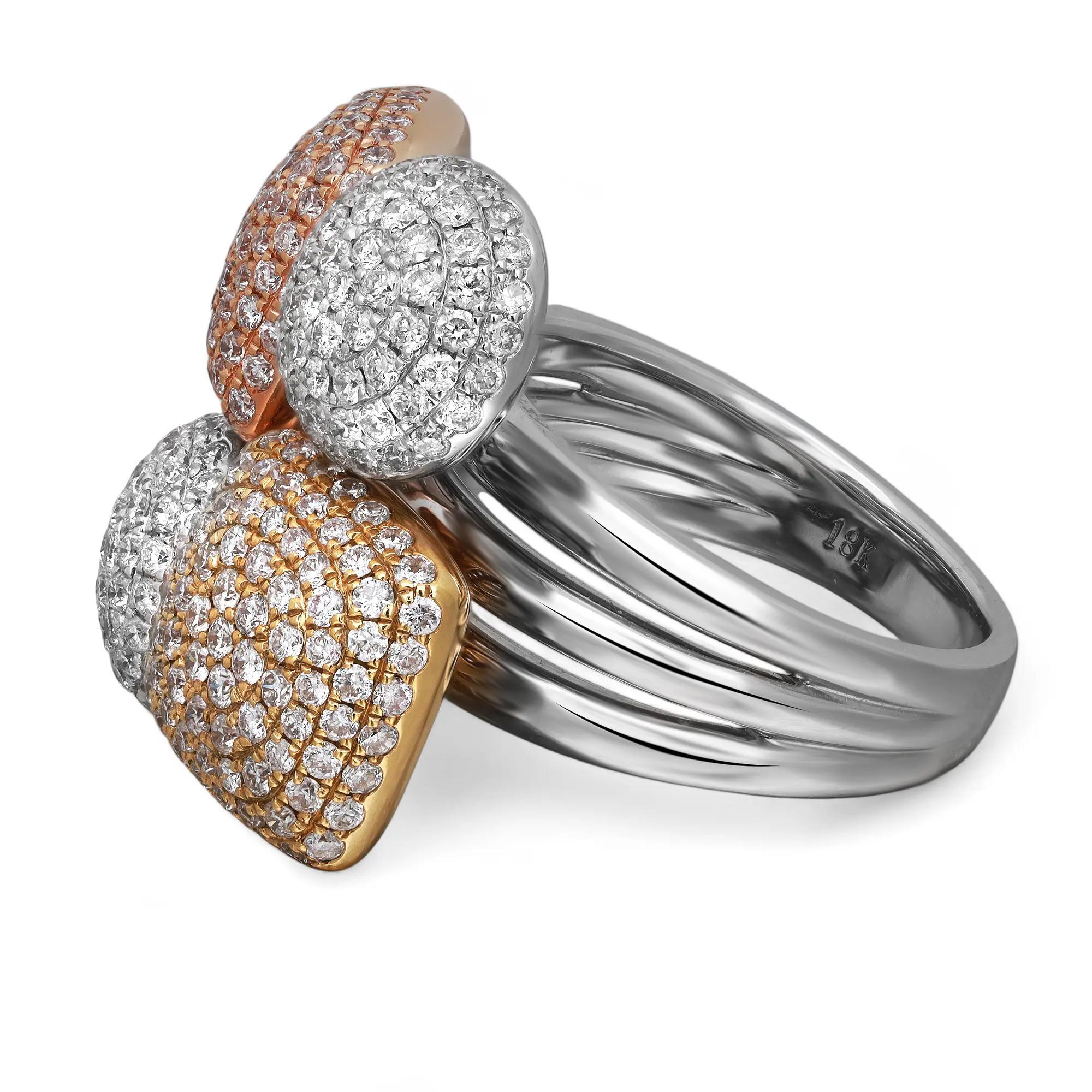 Modern Pave Set Round Cut Diamond Cocktail Ring 18K Multi Colored Gold 2.45Cttw Size 6 For Sale
