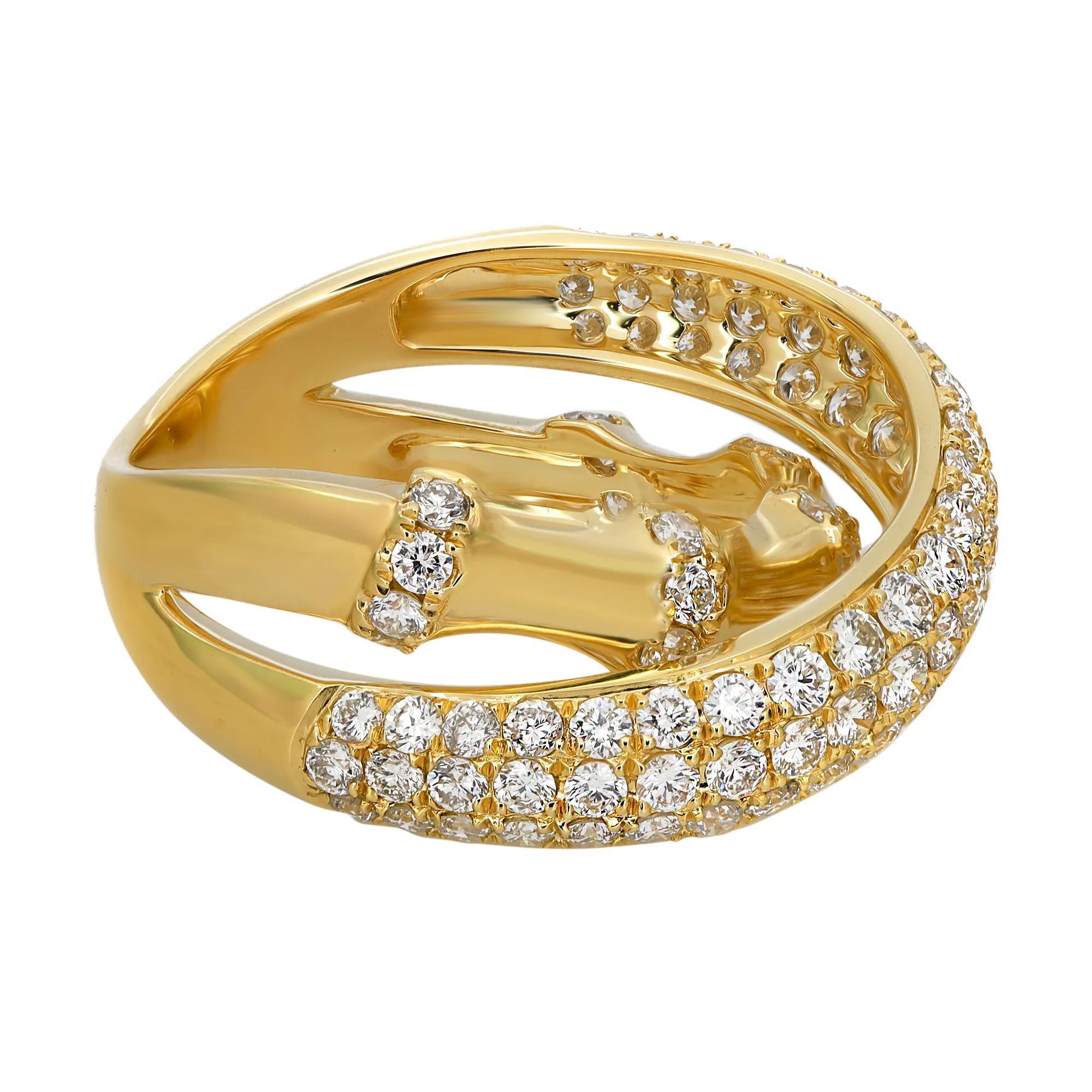 Modern Pave Set Round Cut Diamond Crossover Band Ring 18K Yellow Gold 1.71Ctw Size 6.5 For Sale