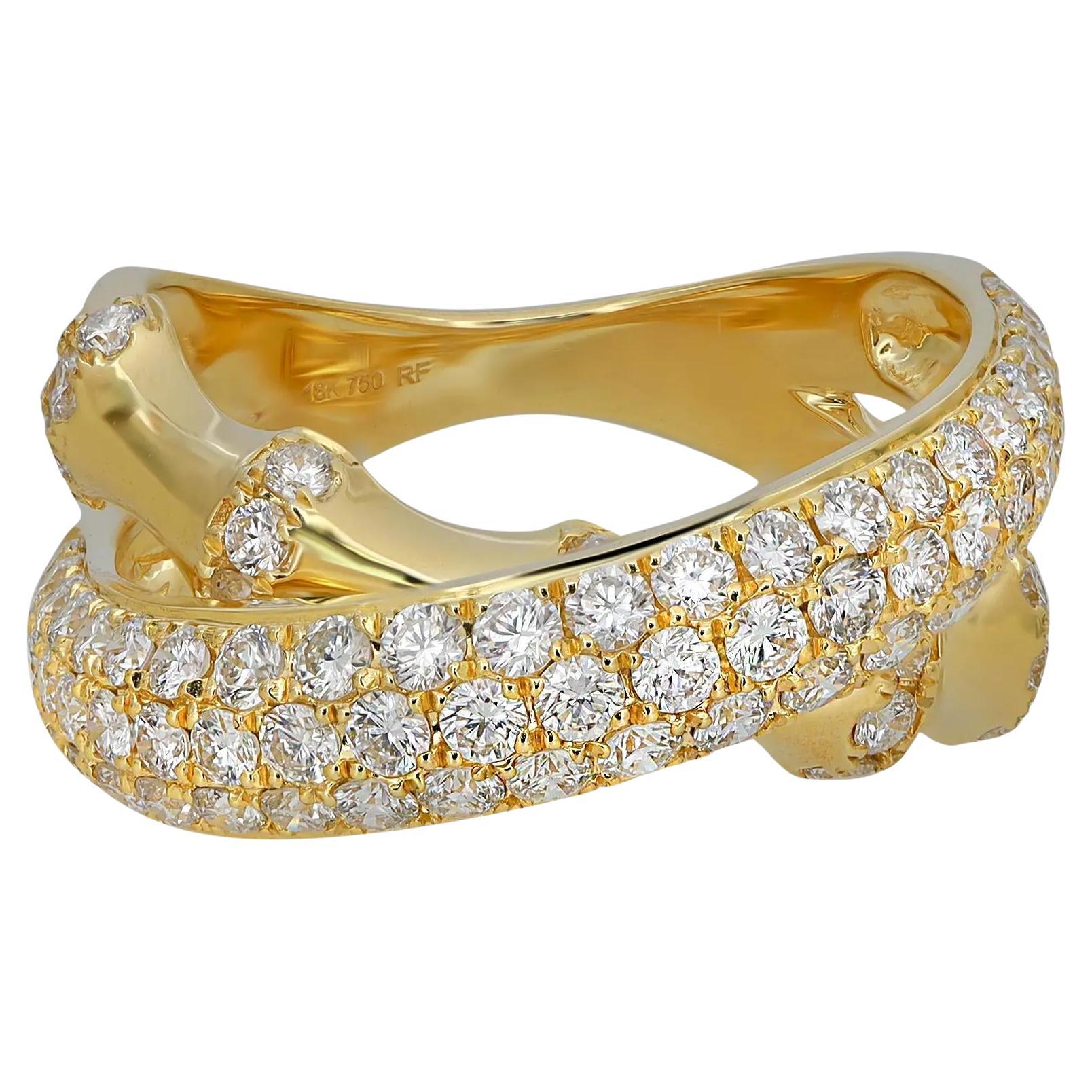 Pave Set Round Cut Diamond Crossover Band Ring 18K Yellow Gold 1.71Ctw Size 6.5