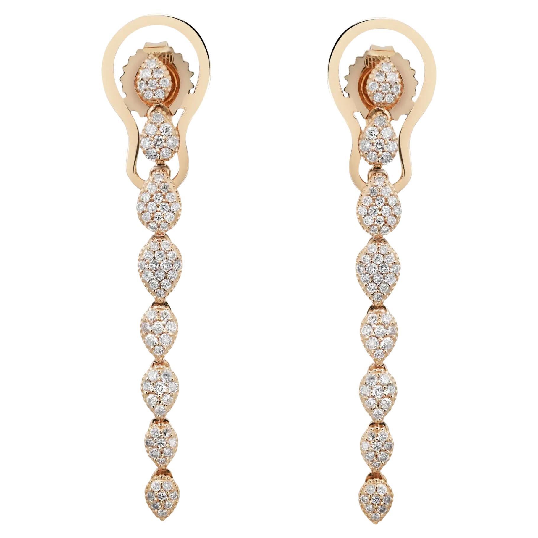 Pave Set Round Cut Diamond Drop Earrings 14K Yellow Gold 0.65Cttw 1.5 Inches