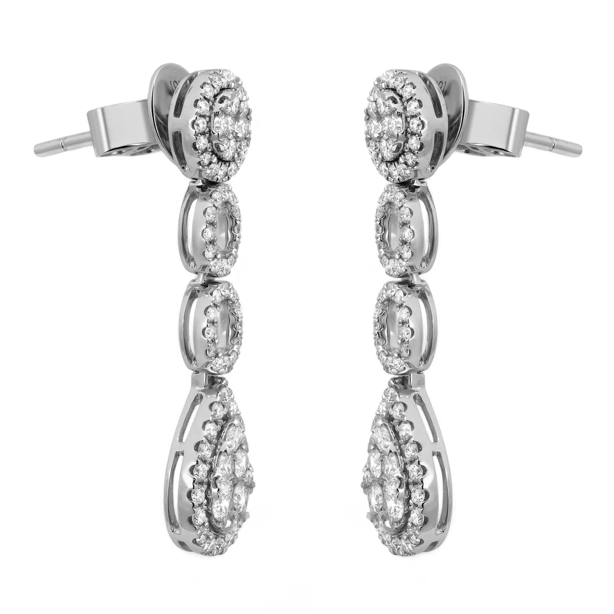 These beautiful and elegant drop earrings exude elegance and the timeless appeal. Crafted in fine lustrous 18K white gold. Featuring pave set round cut natural diamonds studded in circular and pear shape design. Total diamond weight: 1.15 carats.