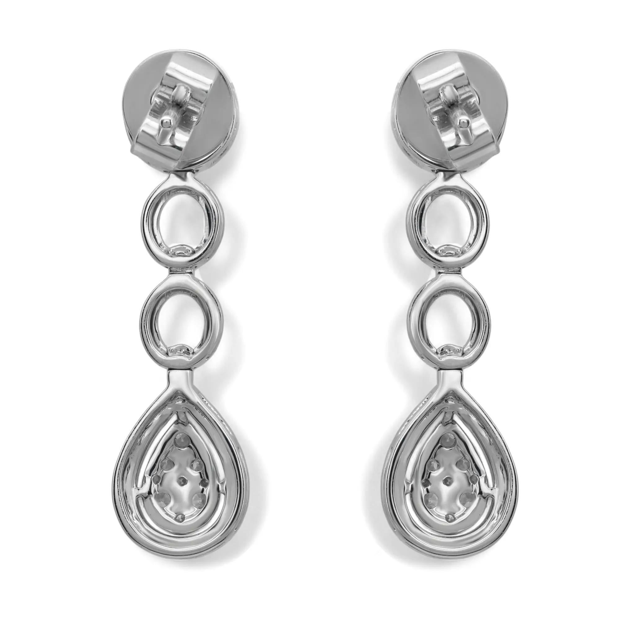 Modern Pave Set Round Cut Diamond Drop Earrings 18K White Gold 1.15Cttw For Sale