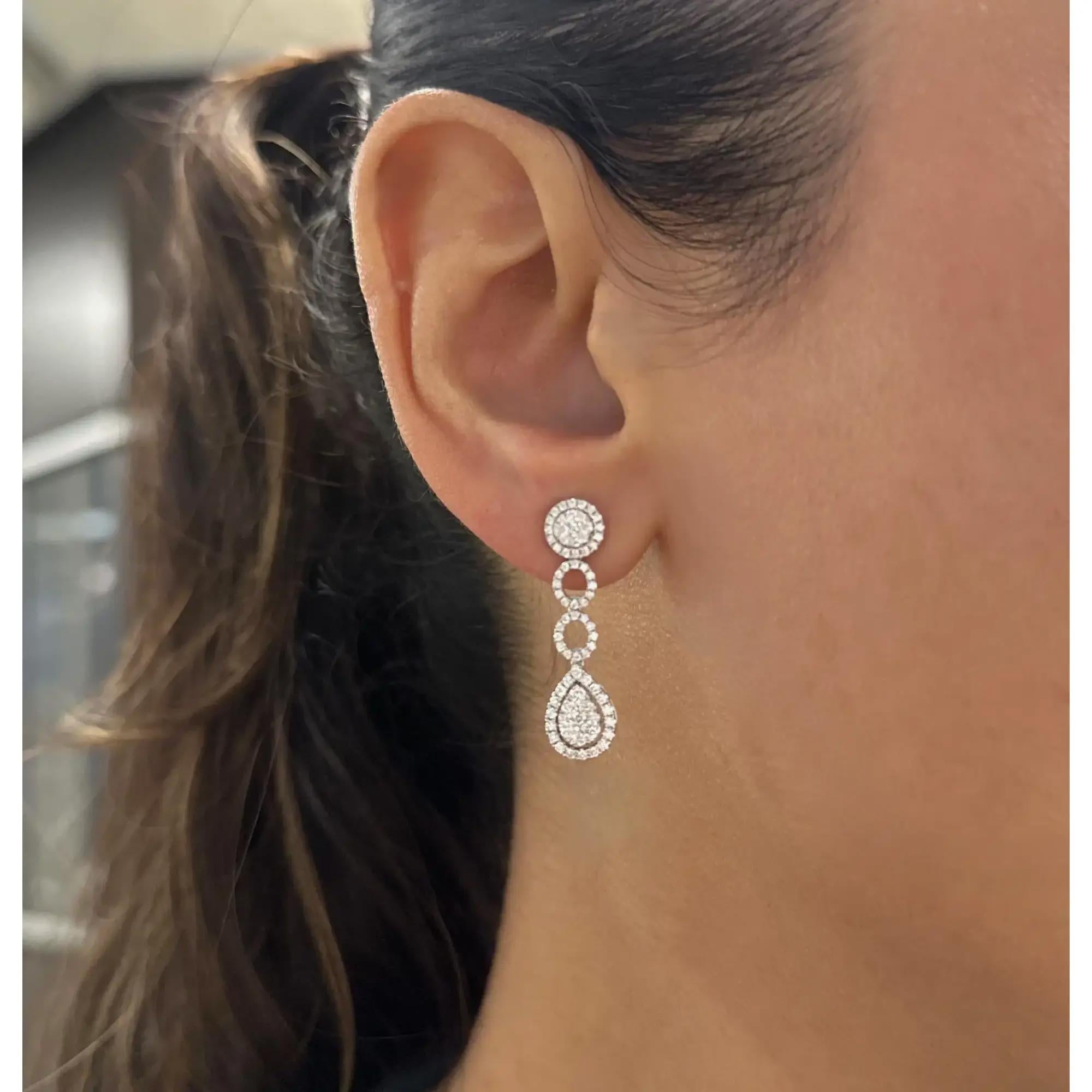 Pave Set Round Cut Diamond Drop Earrings 18K White Gold 1.15Cttw In New Condition For Sale In New York, NY