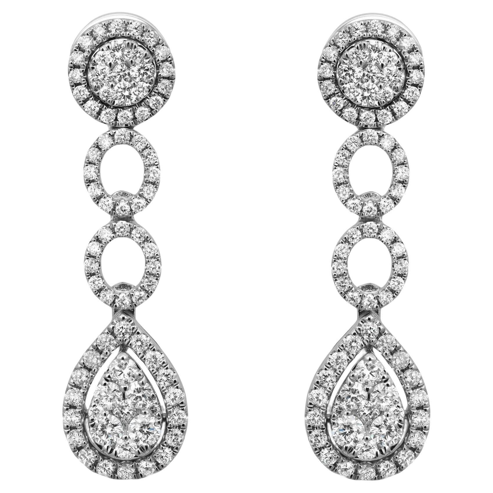 Pave Set Round Cut Diamond Drop Earrings 18K White Gold 1.15Cttw