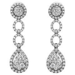 Pave Set Round Cut Diamond Drop Earrings 18K White Gold 1.15Cttw