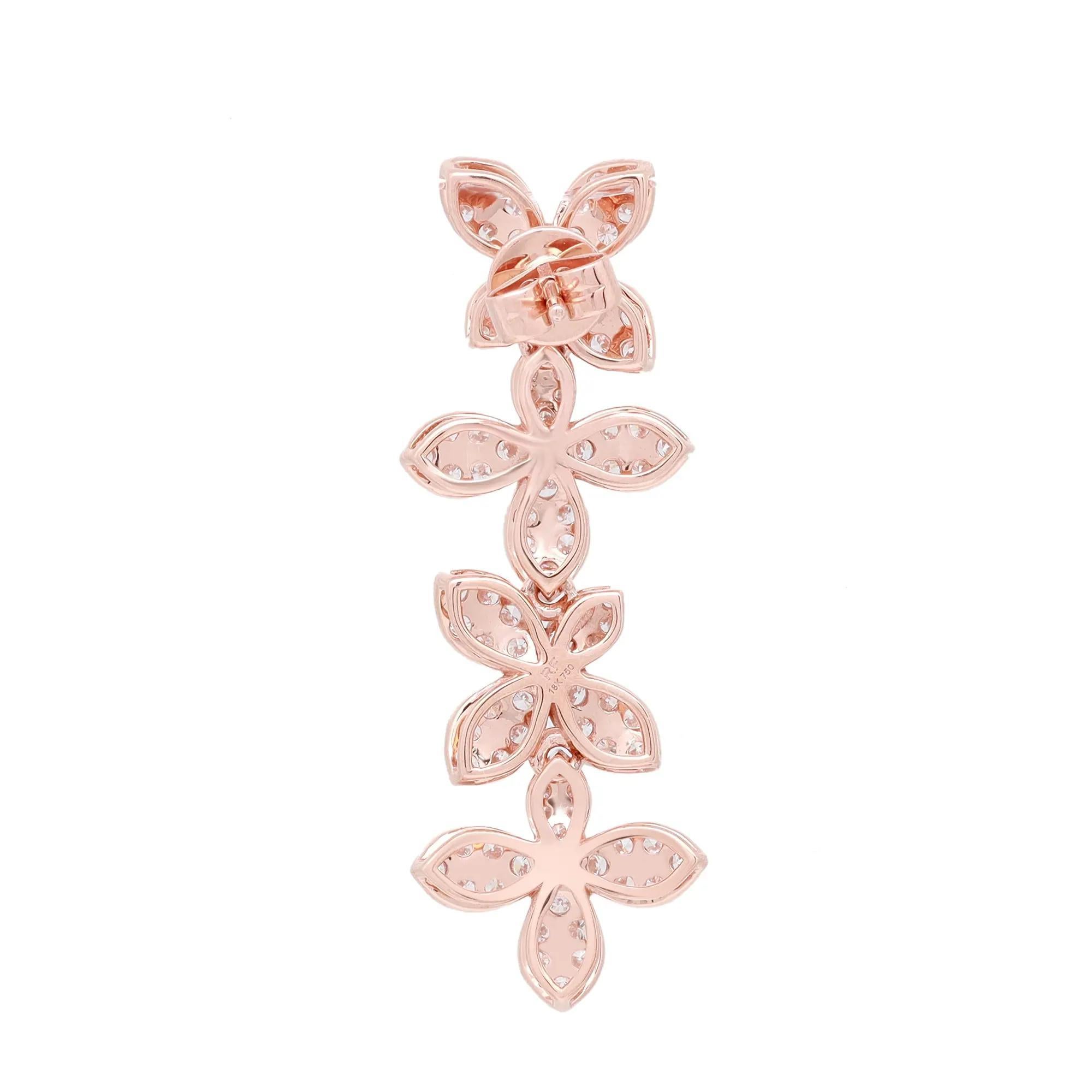 Modern Pave Set Round Cut Diamond Flower Drop Earrings 18K Rose Gold 1.95Cttw For Sale