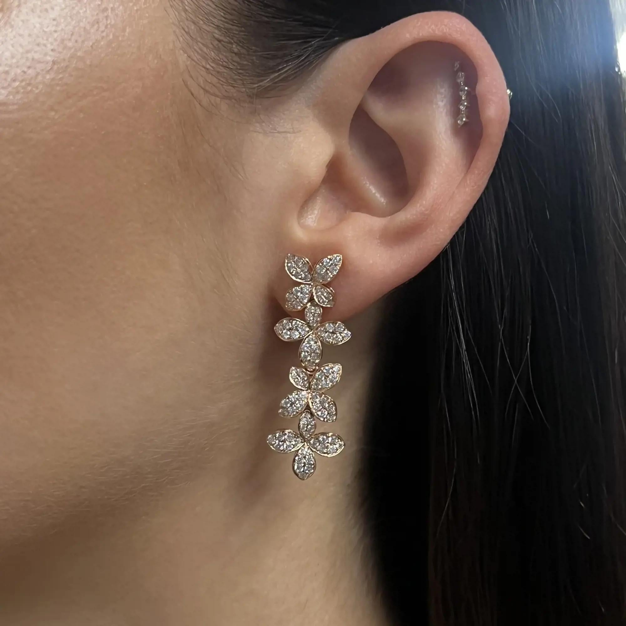 Pave Set Round Cut Diamond Flower Drop Earrings 18K Rose Gold 1.95Cttw In New Condition For Sale In New York, NY
