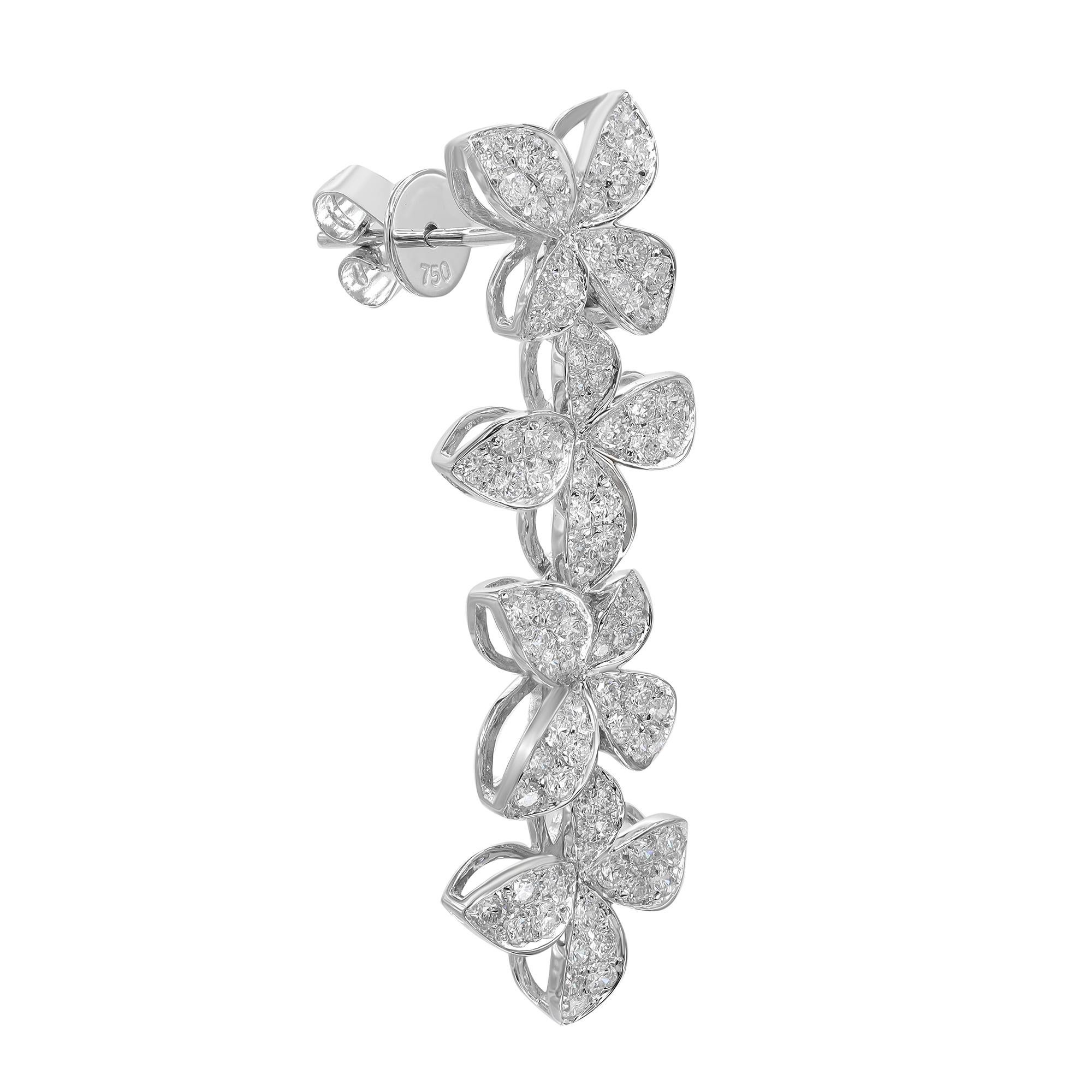 Modern Pave Set Round Cut Diamond Flower Drop Earrings 18K White Gold 1.91Cttw For Sale