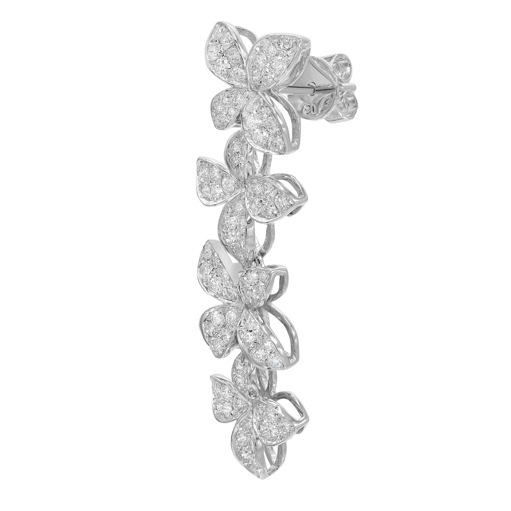Pave Set Round Cut Diamond Flower Drop Earrings 18K White Gold 1.91Cttw In New Condition For Sale In New York, NY