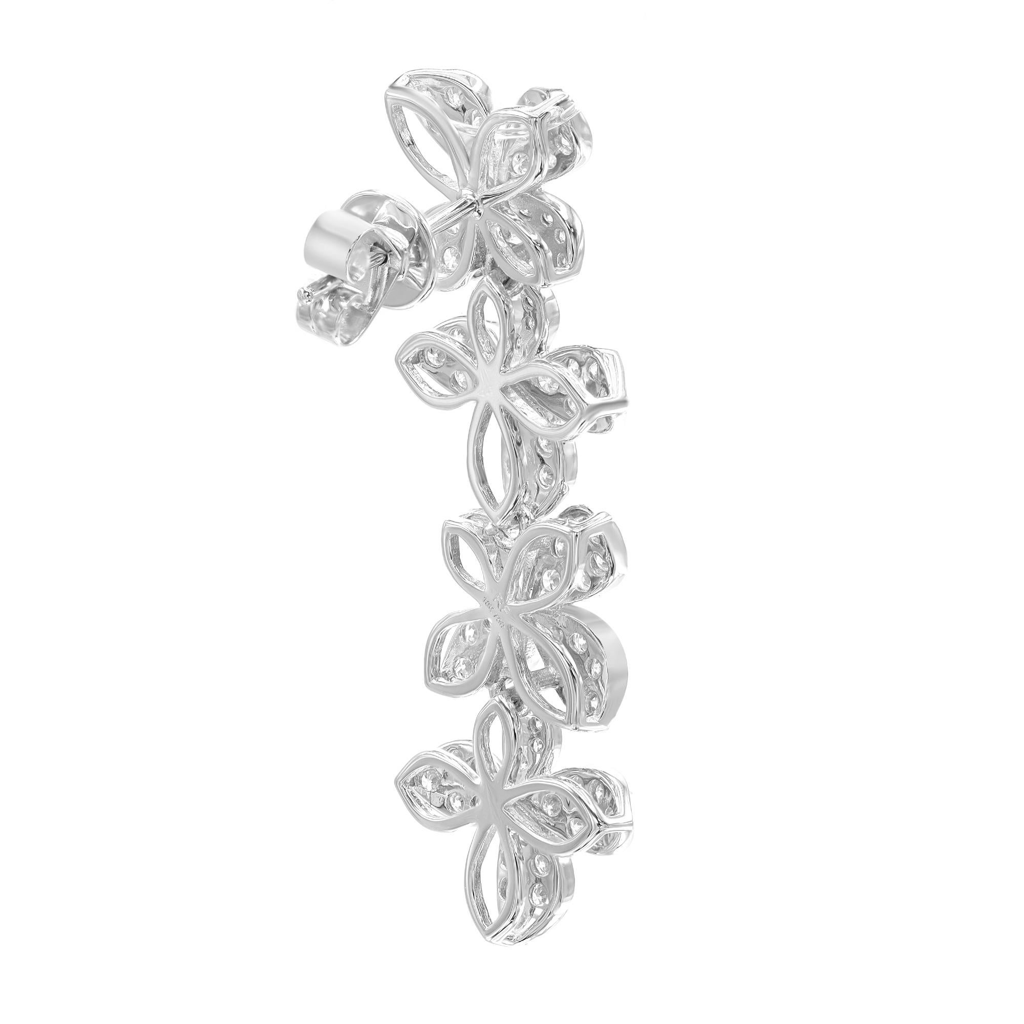 Women's Pave Set Round Cut Diamond Flower Drop Earrings 18K White Gold 1.91Cttw For Sale