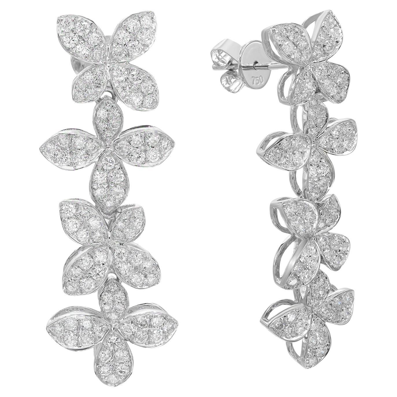 Pave Set Round Cut Diamond Flower Drop Earrings 18K White Gold 1.91Cttw For Sale