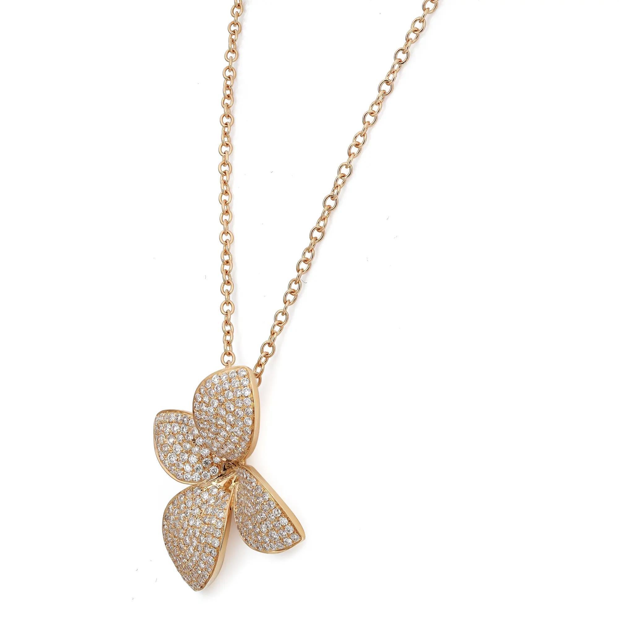 Modern Pave Set Round Cut Diamond Flower Pendant Necklace 18K Yellow Gold 1.07Cttw For Sale