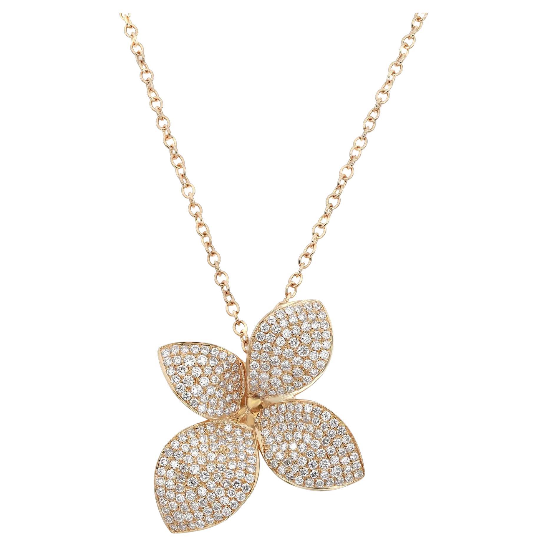 Pave Set Round Cut Diamond Flower Pendant Necklace 18K Yellow Gold 1.07Cttw For Sale