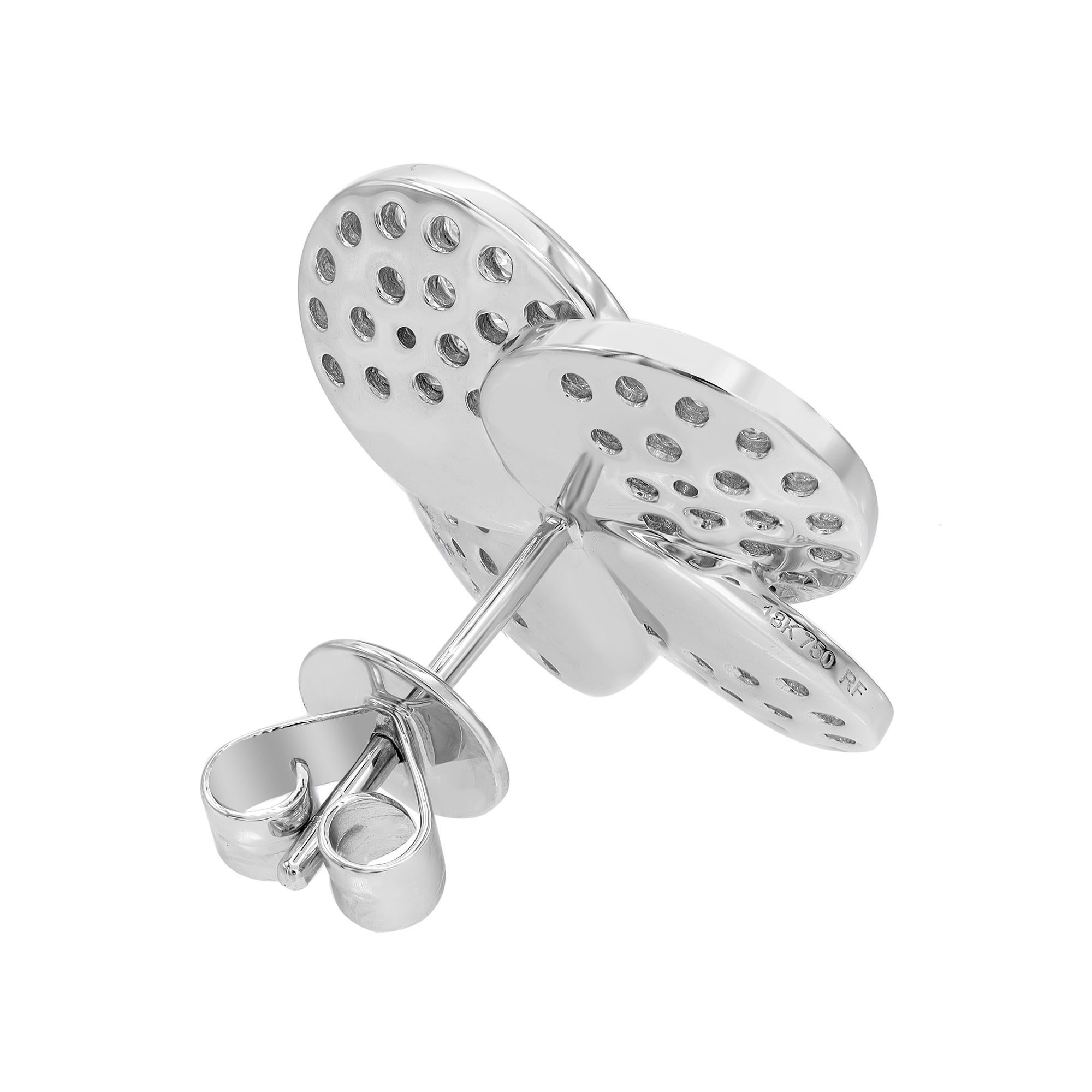 Modern Pave Set Round Cut Diamond Flower Stud Earring 18K White Gold 1.44Cttw For Sale