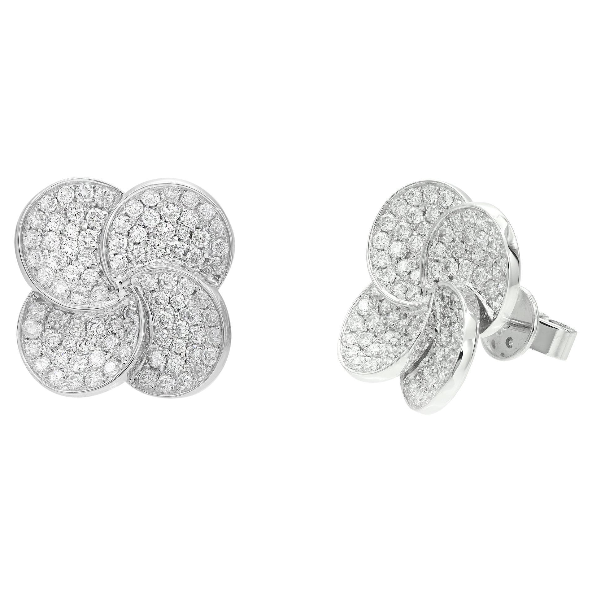 Pave Set Round Cut Diamond Flower Stud Earring 18K White Gold 1.44Cttw