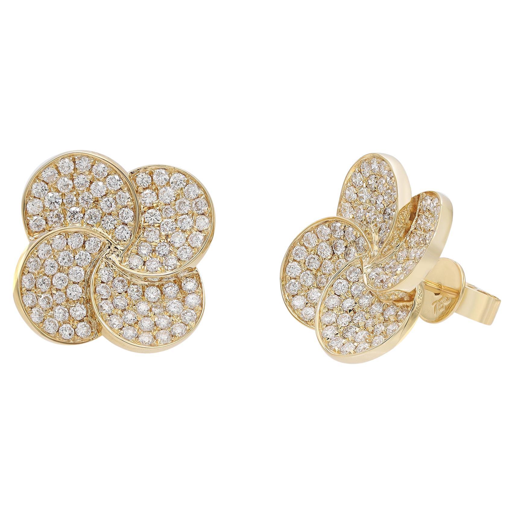 Pave Set Round Cut Diamond Flower Stud Earring 18K Yellow Gold 1.45Cttw For Sale