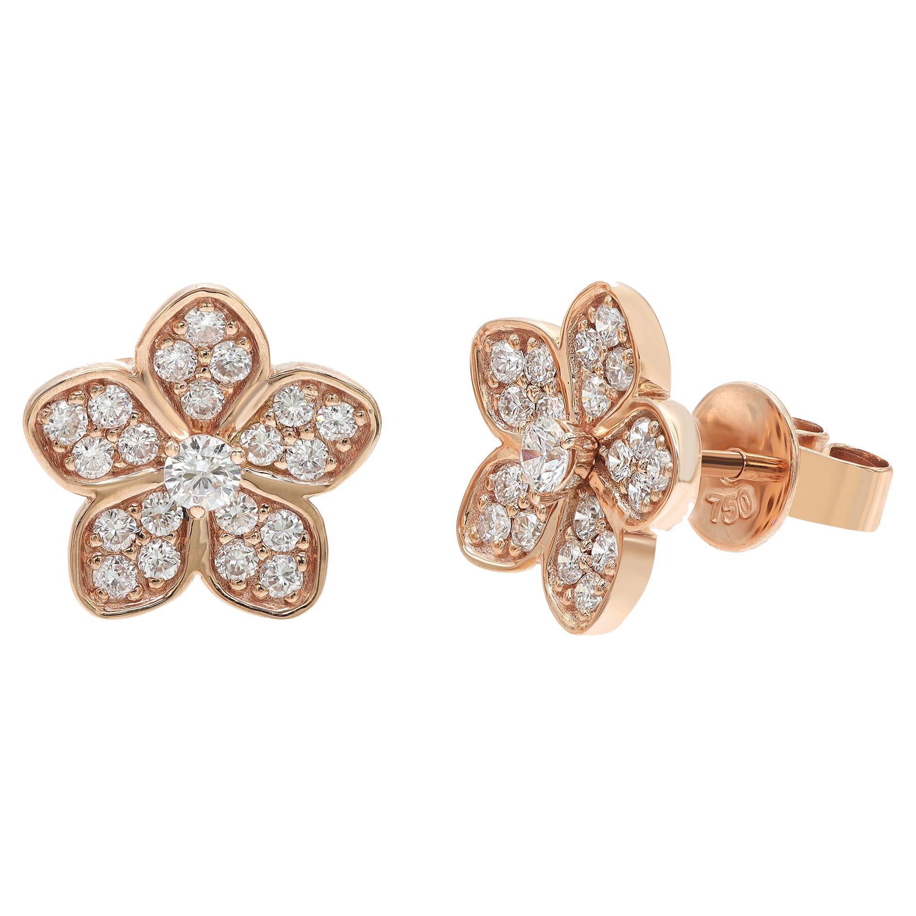 Pave Set Round Cut Diamond Flower Stud Earrings 18K Rose Gold 0.52cttw For Sale