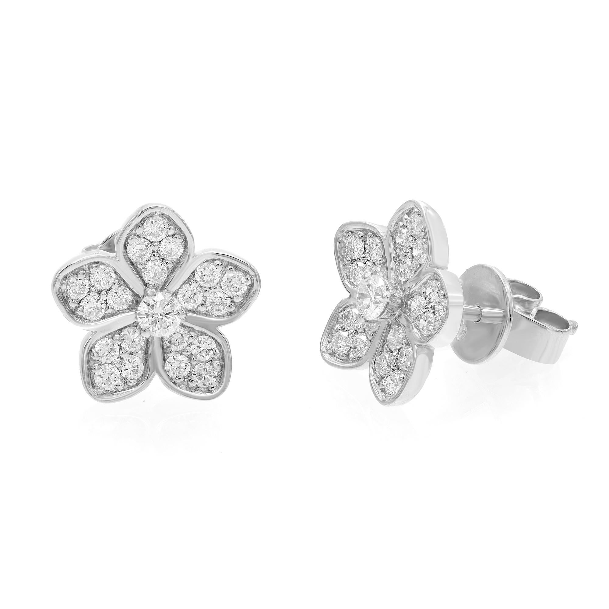 Pave Set Round Cut Diamond Flower Stud Earrings 18K White Gold 0.52Cttw