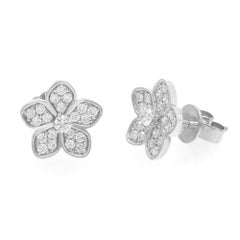 Pave Set Round Cut Diamond Flower Stud Earrings 18K White Gold 0.52Cttw