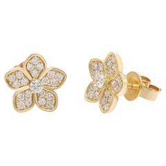 Pave Set Round Cut Diamond Flower Stud Earrings 18K Yellow Gold 0.53cttw