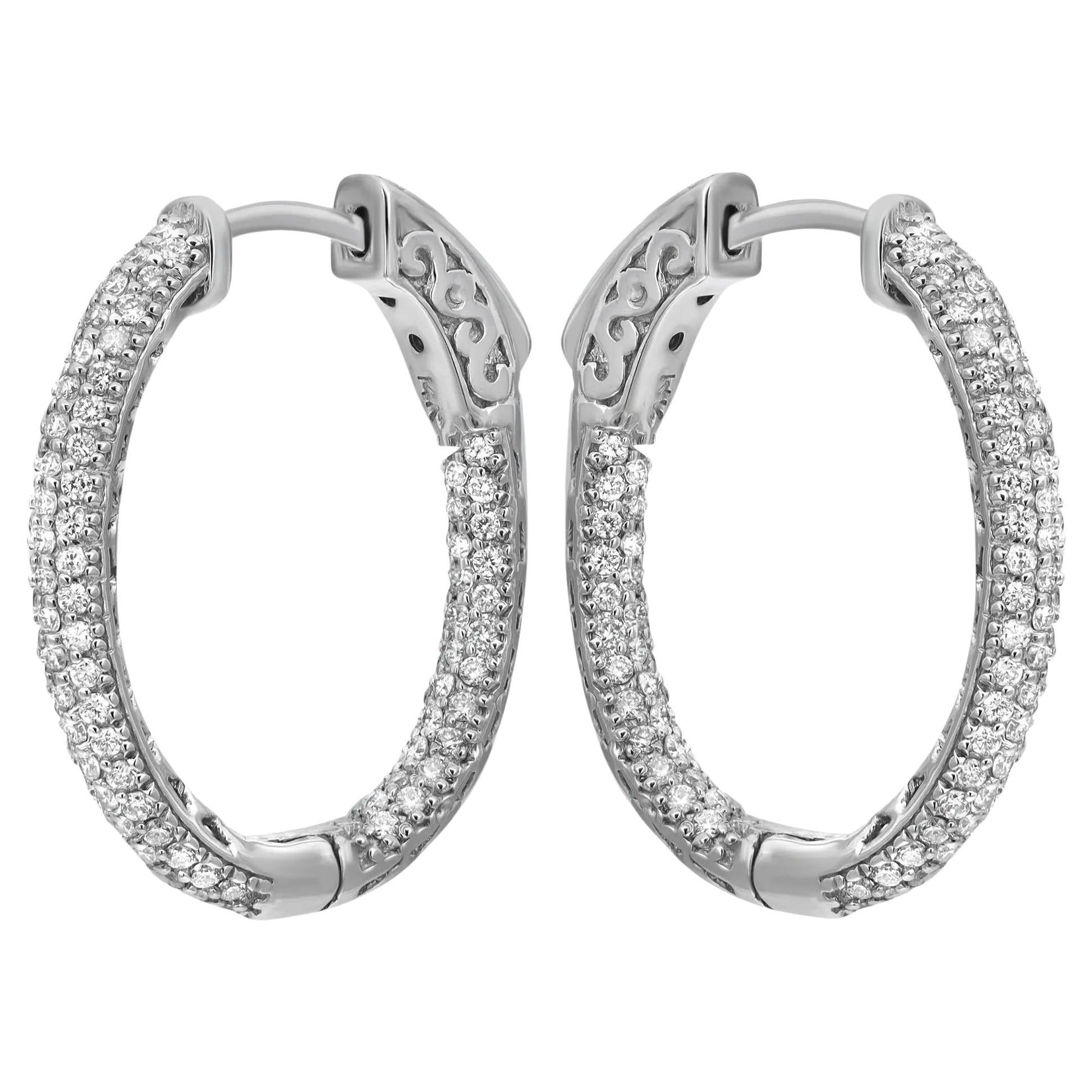 Pave Set Round Cut Diamond Oval Hoop Earrings 14K White Gold 1.00Cttw 1 Inch For Sale