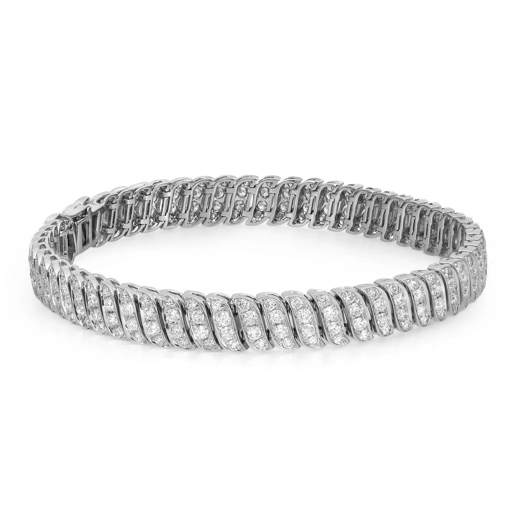 Pave Set Round Cut Diamond Tennis Bracelet 18K White Gold 3.84Cttw 7 Inches In New Condition For Sale In New York, NY