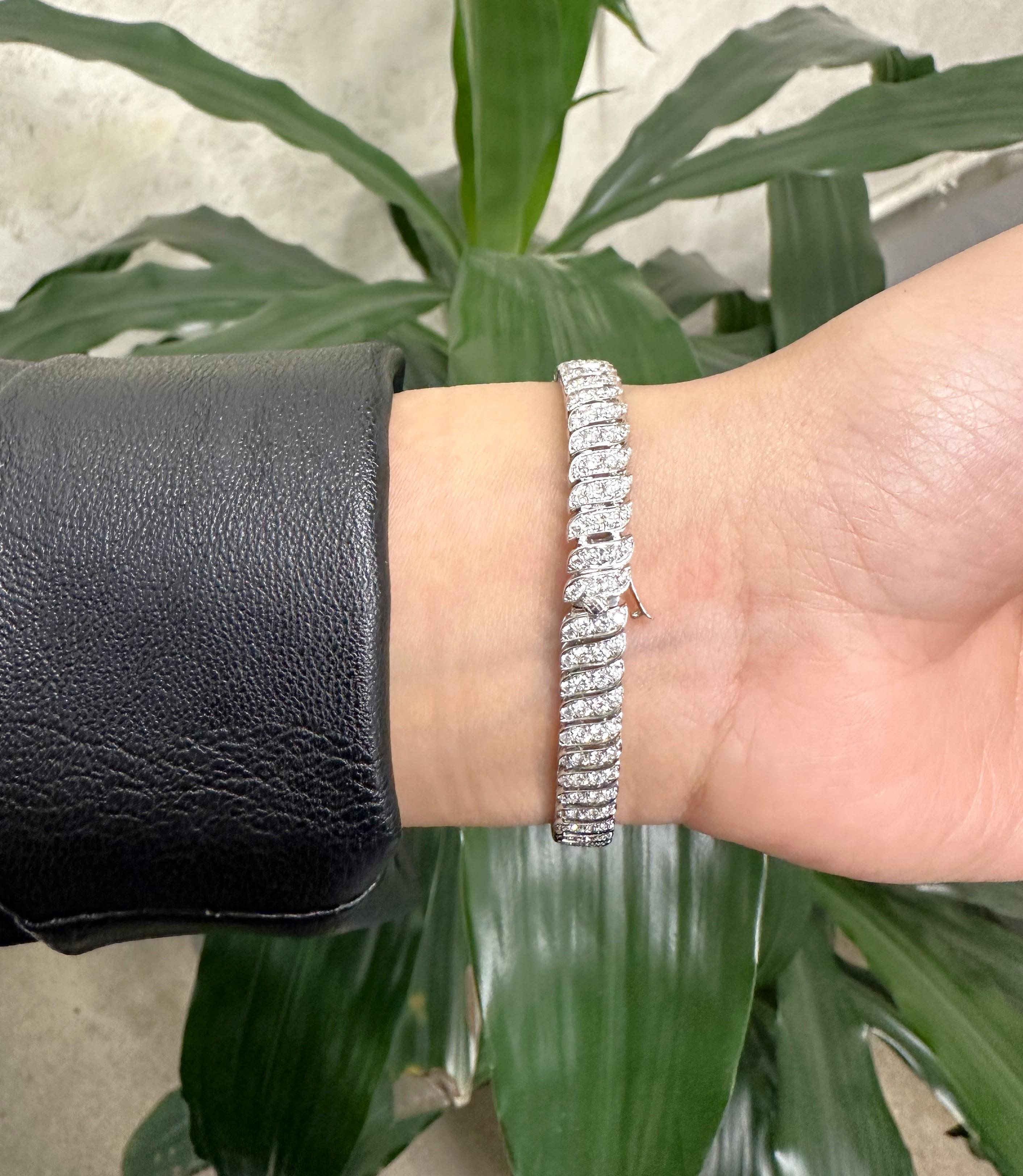 Pave Set Round Cut Diamond Tennis Bracelet 18K White Gold 3.84Cttw 7 Inches For Sale 2