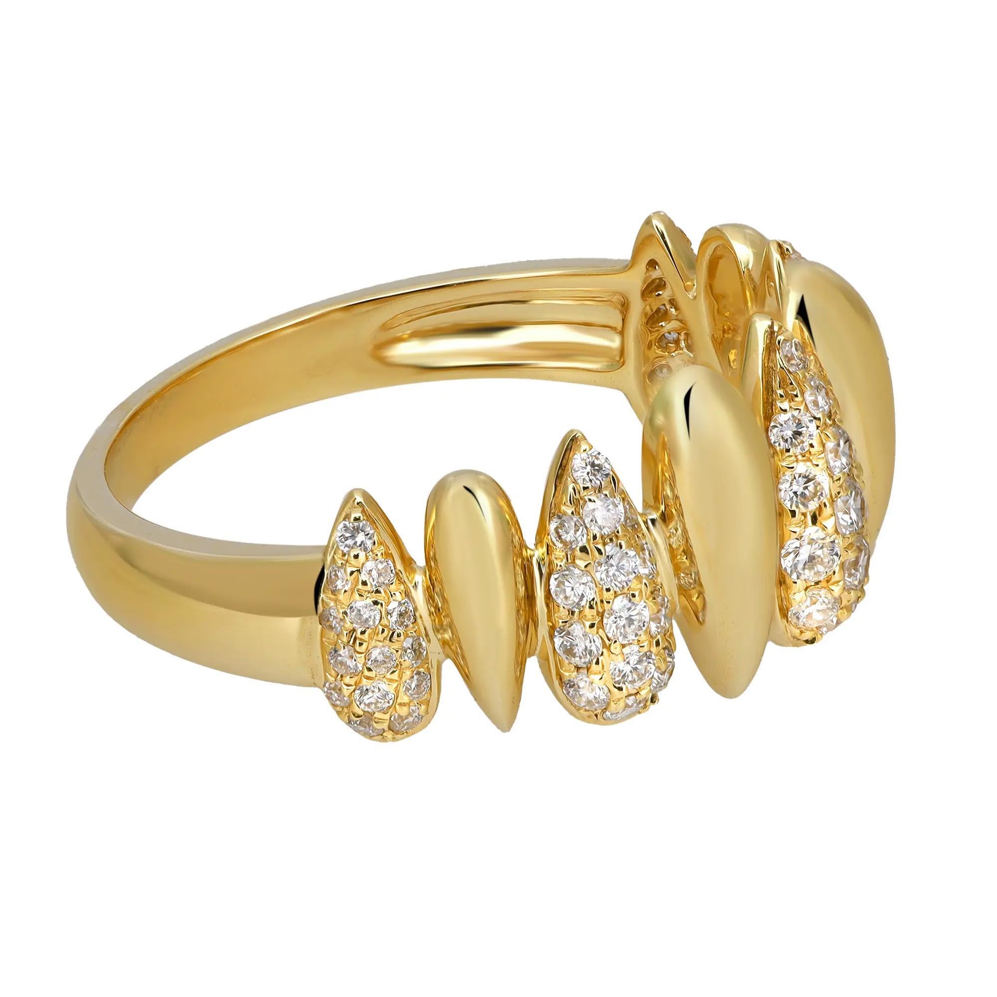 This beautiful diamond multi drop shape band ring is all about sparkle and glamour. Crafted in high polished 18k yellow gold. This ring features 70 pave set round brilliant cut diamonds studded in alternate drop shaped design set halfway through the