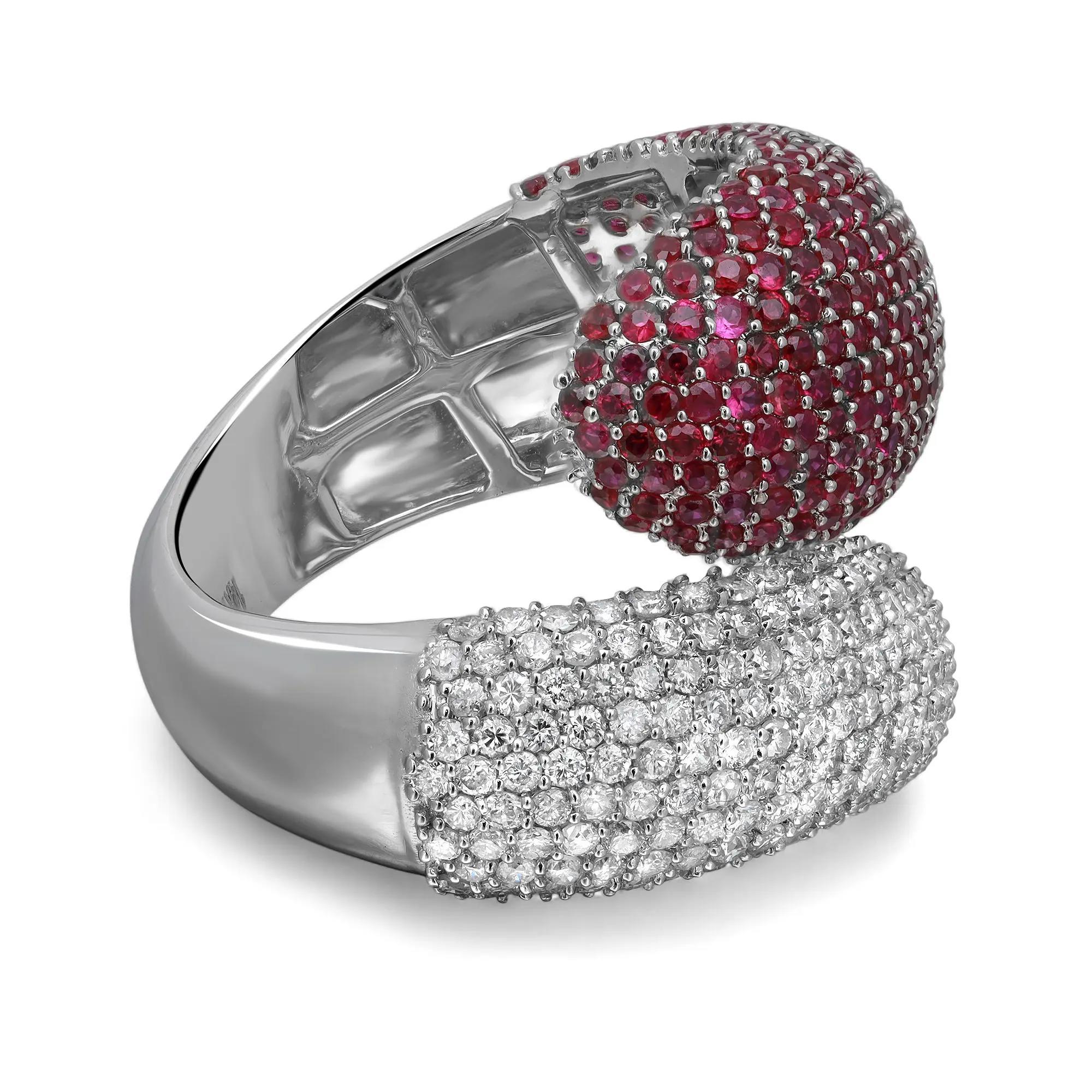 Modern Pave Set Ruby 2.40Ctw and Diamond 1.26Ctw Bypass Cocktail Ring 14K White Gold For Sale