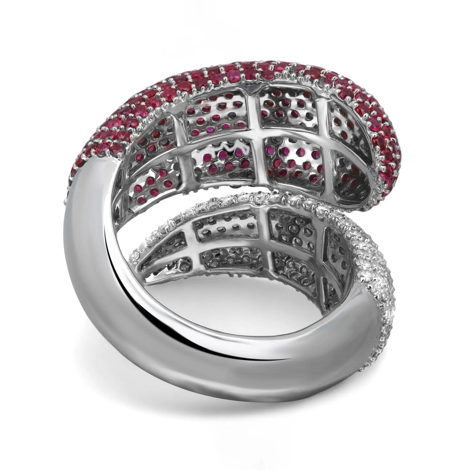 Round Cut Pave Set Ruby 2.40Ctw and Diamond 1.26Ctw Bypass Cocktail Ring 14K White Gold For Sale