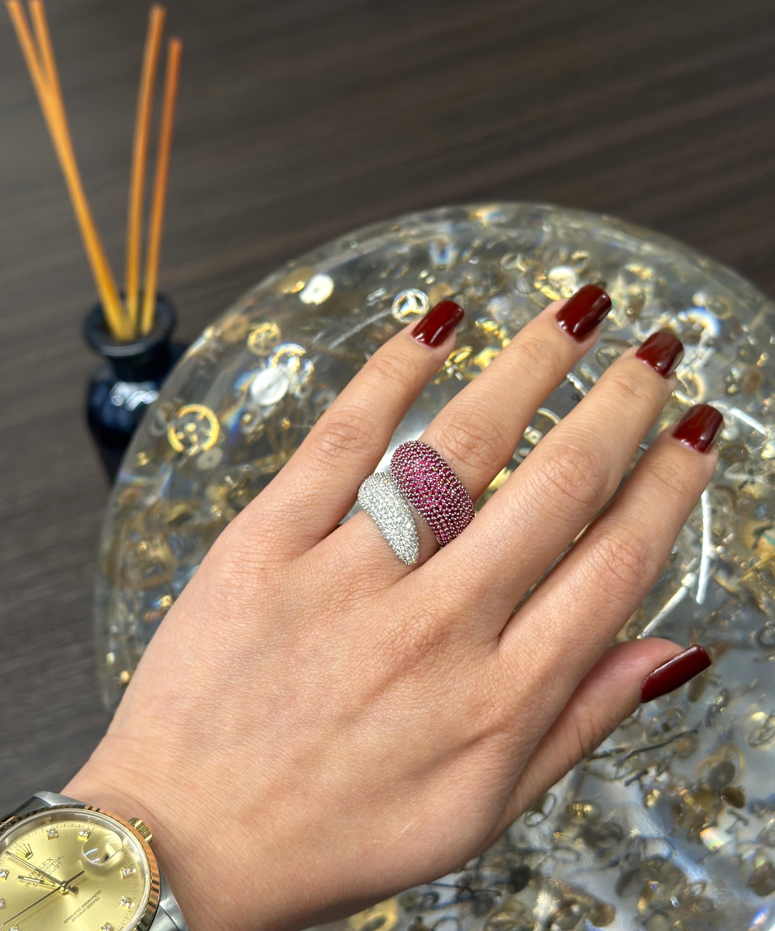 Pave Set Ruby 2.40Ctw and Diamond 1.26Ctw Bypass Cocktail Ring 14K White Gold In New Condition For Sale In New York, NY