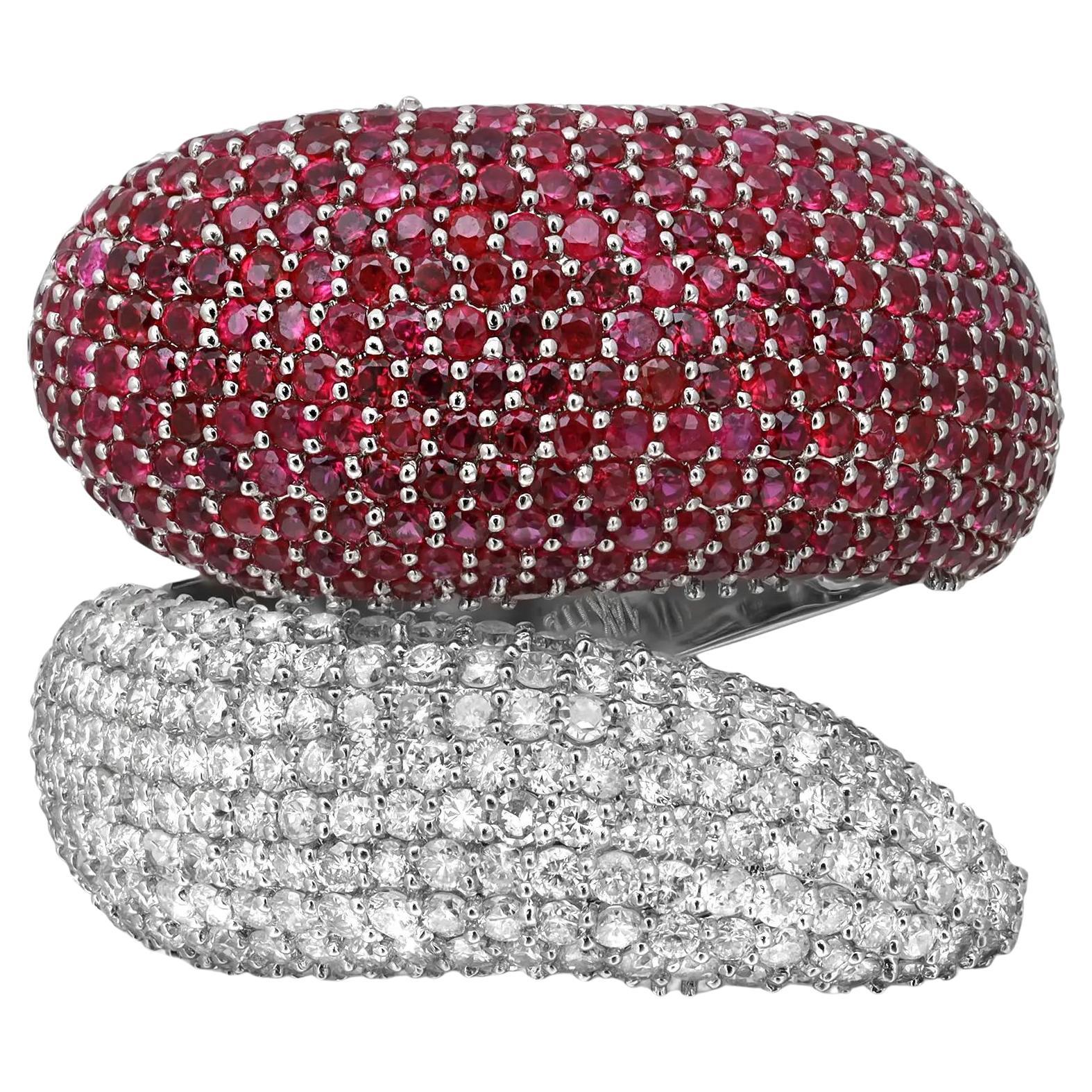 Pave Set Ruby 2.40Ctw and Diamond 1.26Ctw Bypass Cocktail Ring 14K White Gold