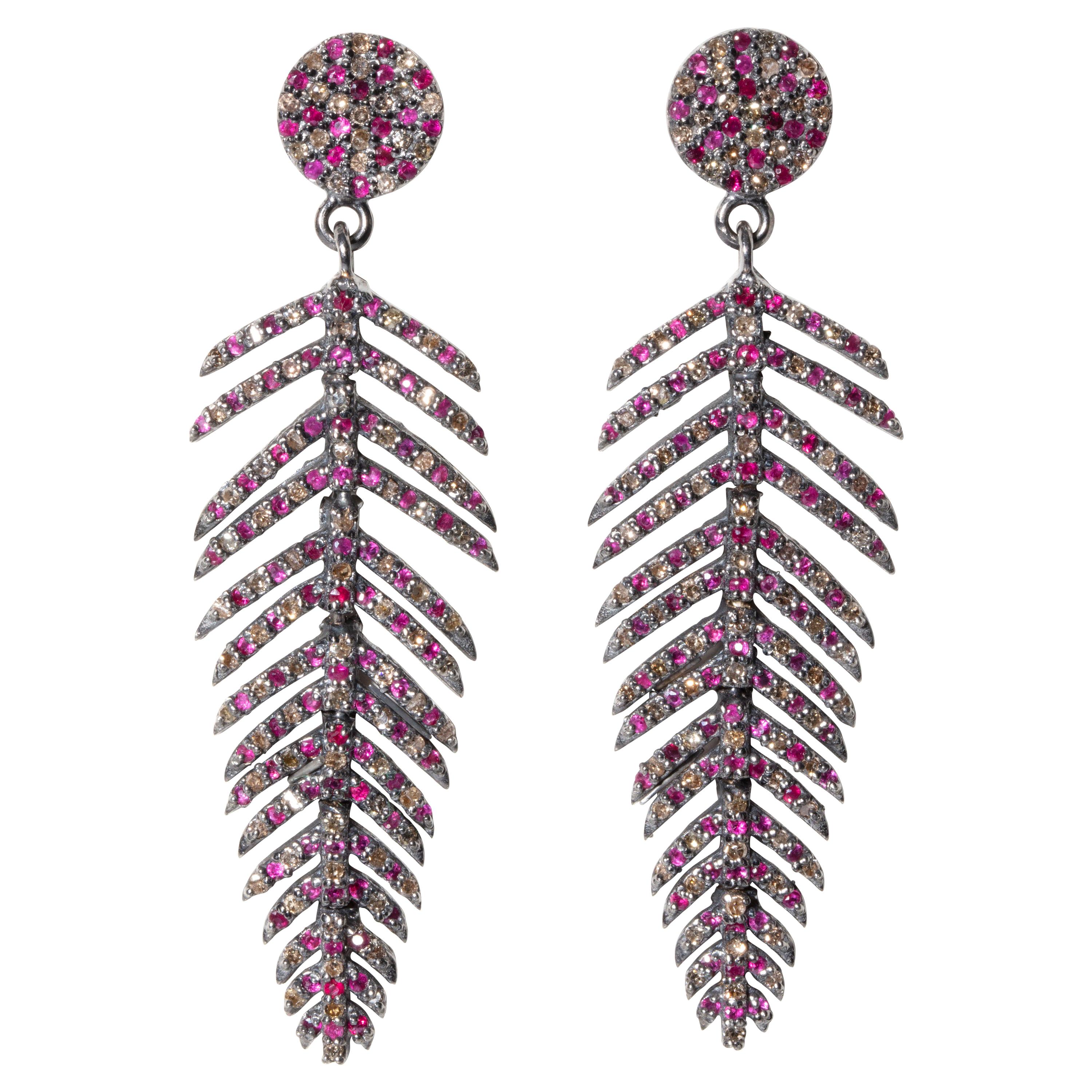 Pave-Set Ruby and Diamond Feather Dangle Earrings