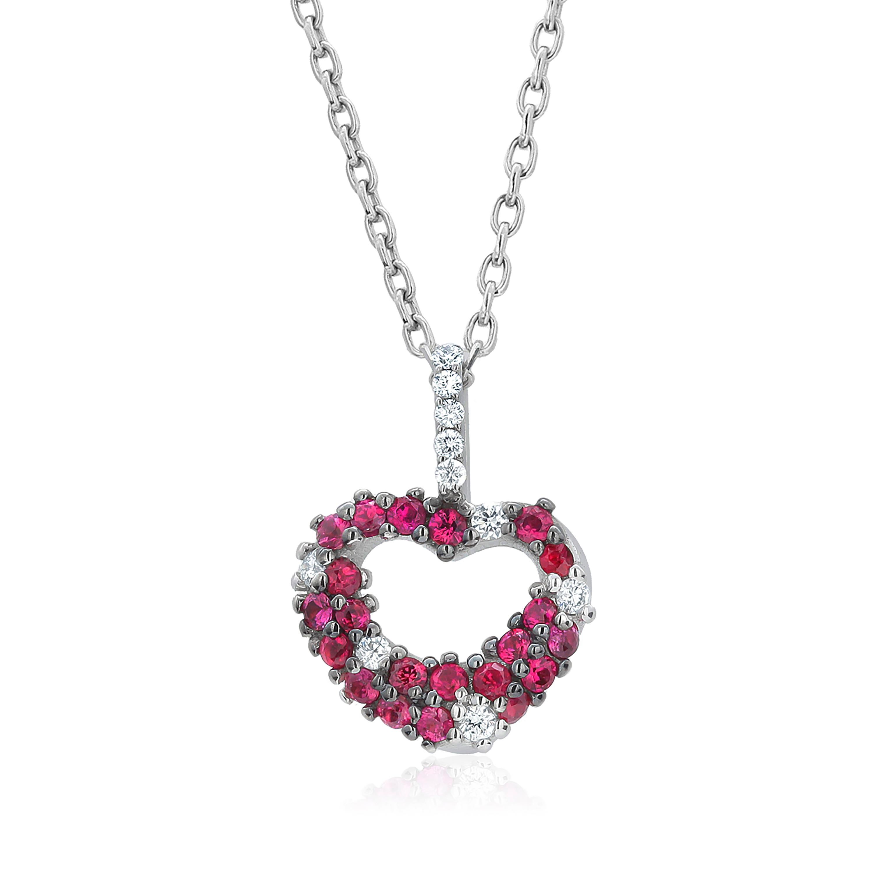 Contemporary Pave Set Ruby Diamond 0.85 Carat Open Heart Shaped White Gold Pendant Necklace