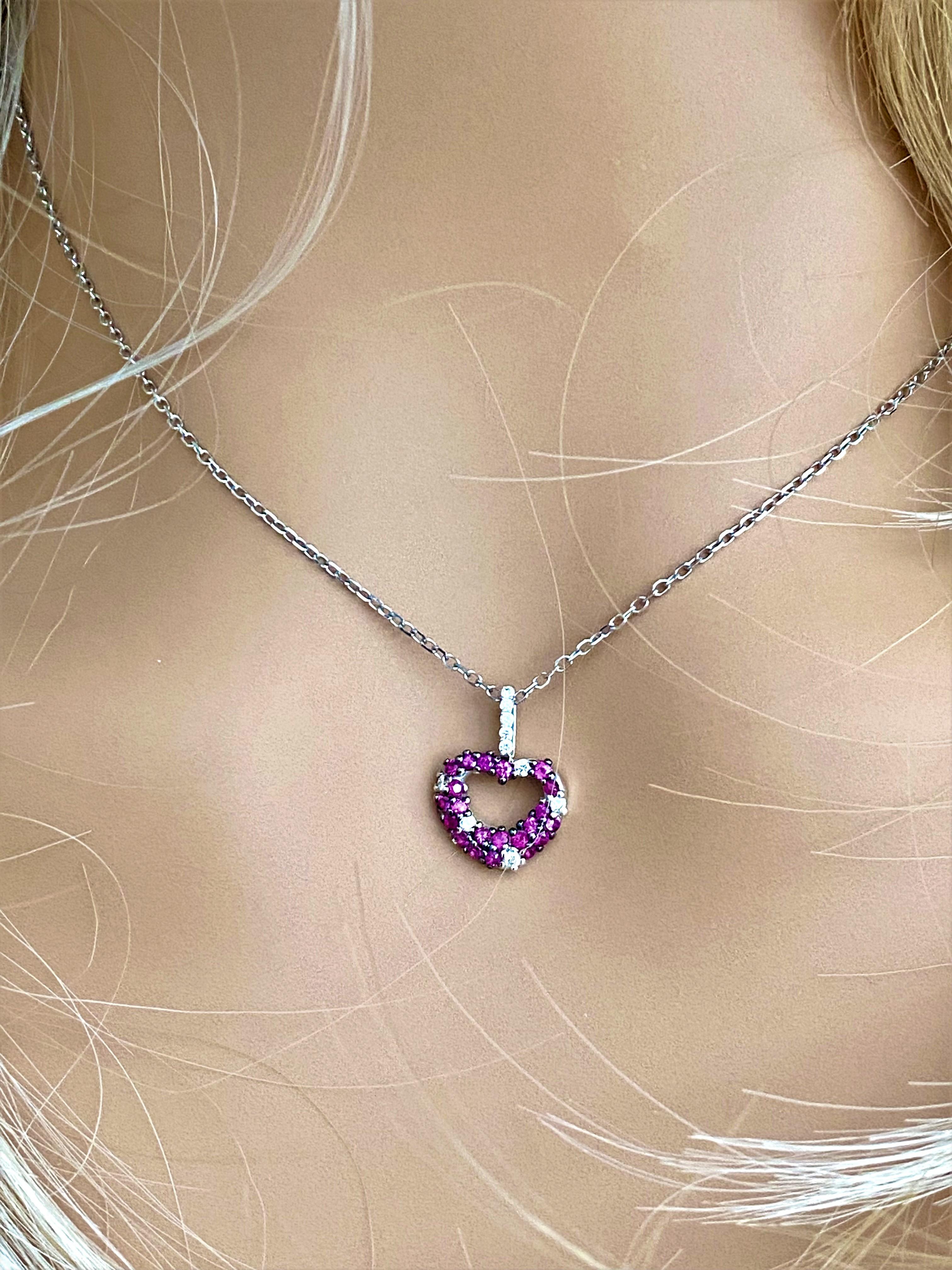 Round Cut Pave Set Ruby Diamond 0.85 Carat Open Heart Shaped White Gold Pendant Necklace