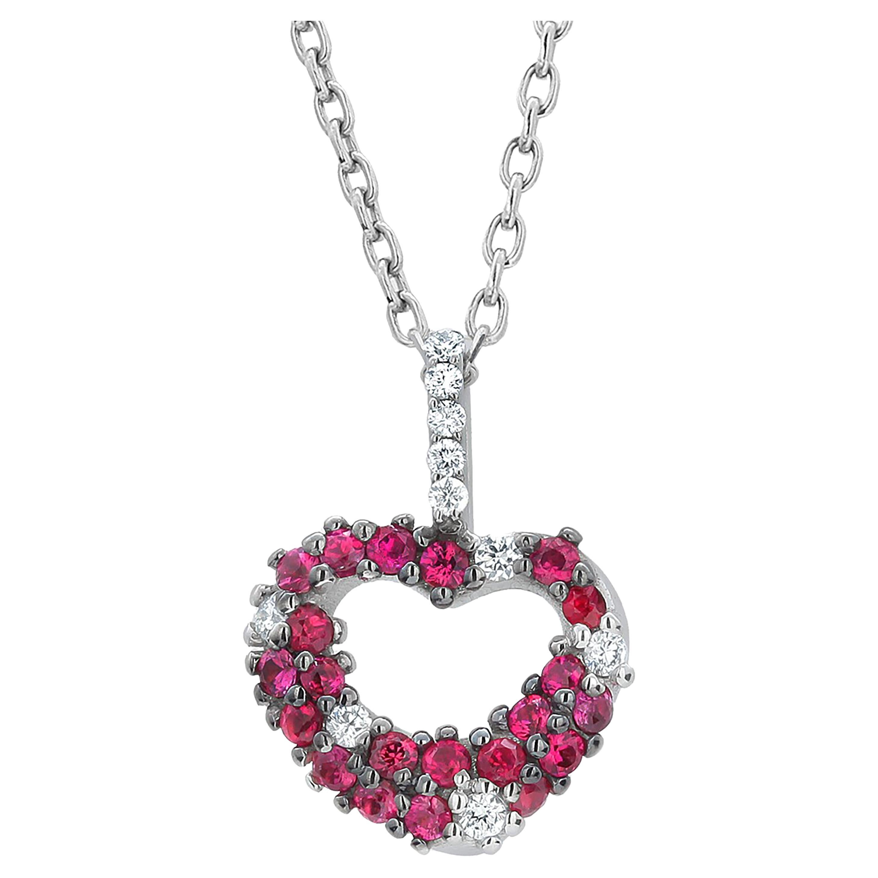 Pave Set Ruby Diamond 0.85 Carat Open Heart Shaped White Gold Pendant Necklace