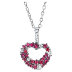Pave Set Ruby Diamond 0.85 Carat Open Heart Shaped White Gold Pendant Necklace