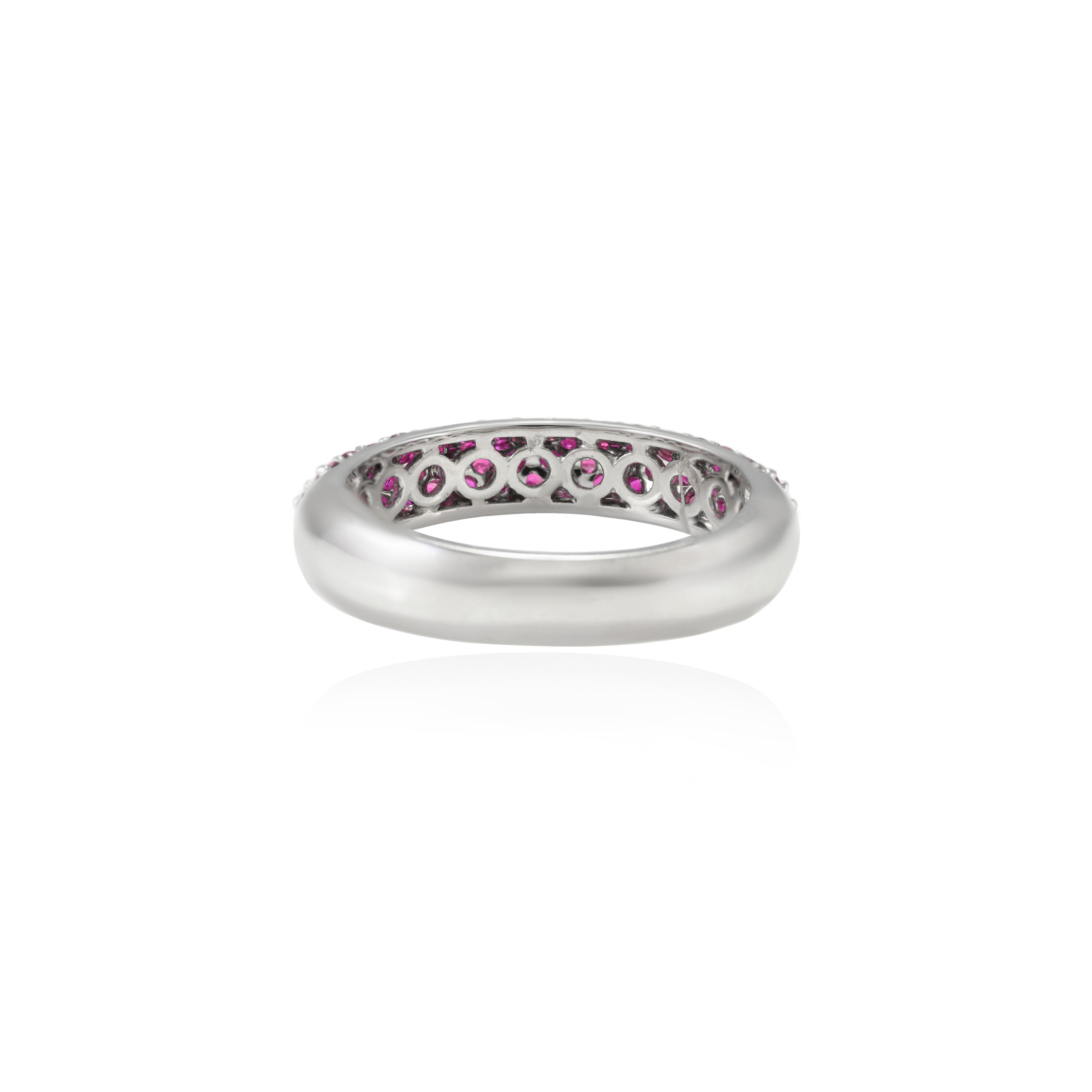 For Sale:  Pave Set Ruby Half Eternity Stackable Band in Solid 18k White Gold Ring 8