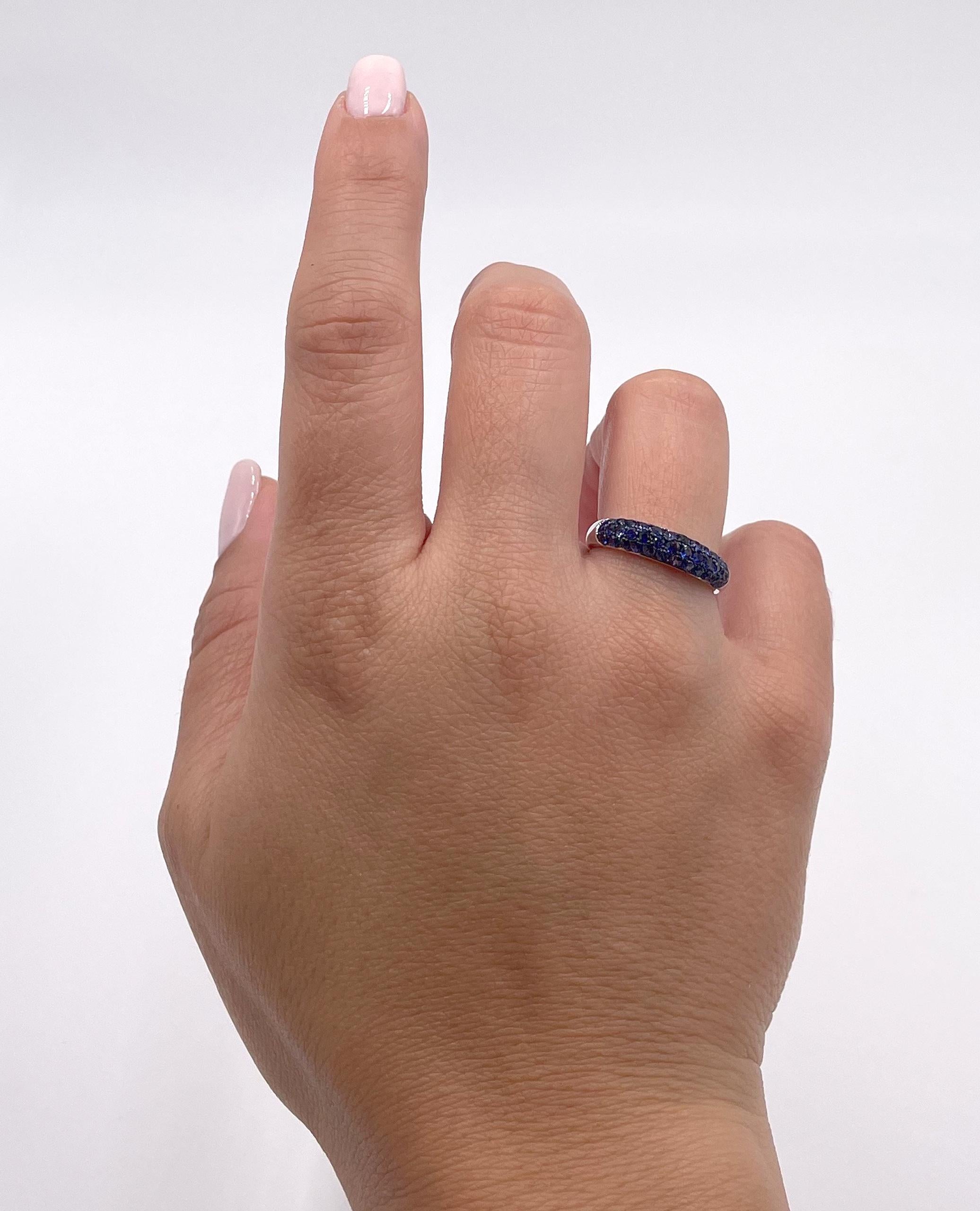 Women's Pave Set Sapphire Ring in High Polish 18K White Gold For Sale