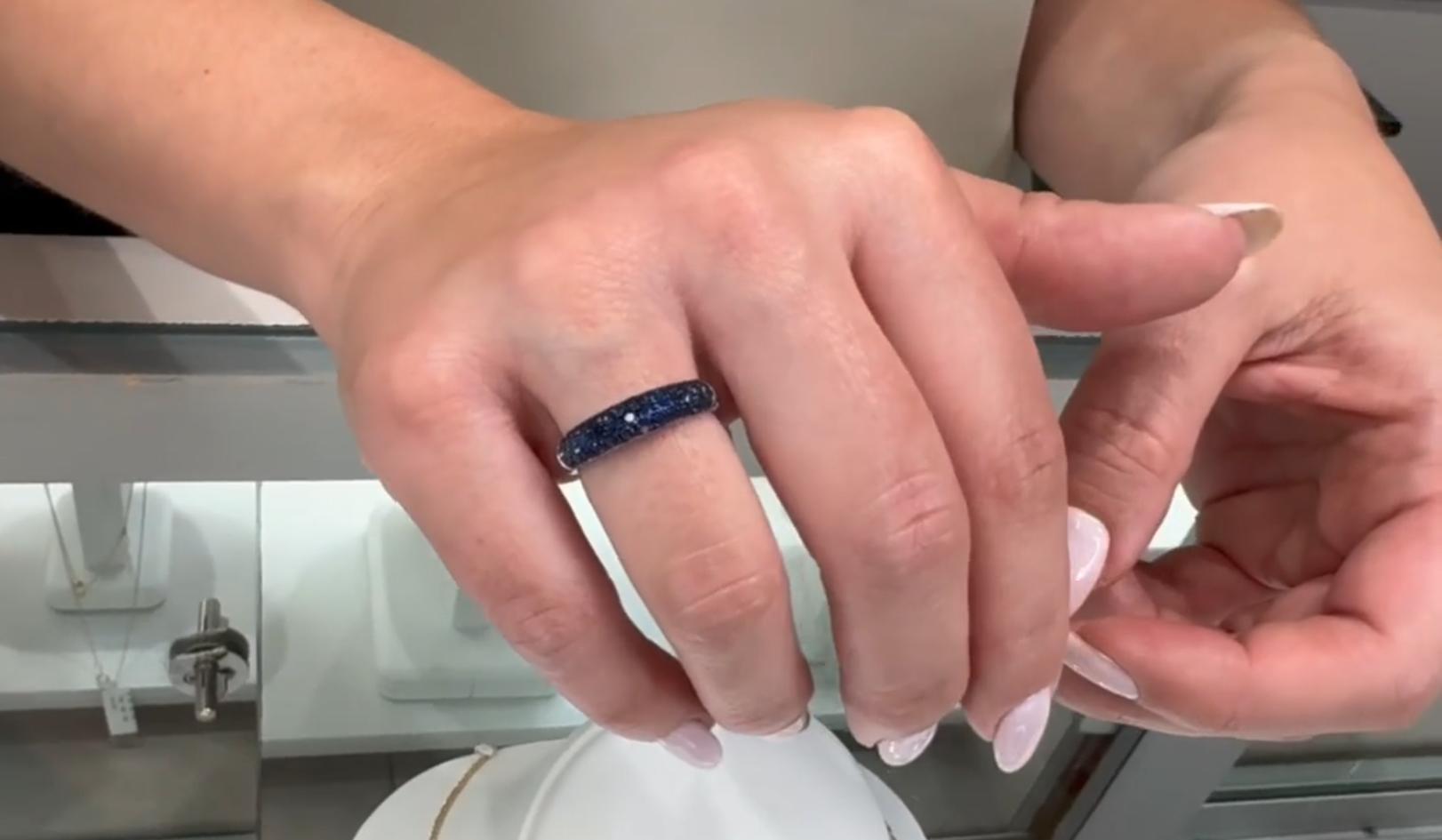 Pave Set Sapphire Ring in High Polish 18K White Gold For Sale 3