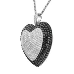 Pave Set White & Black Diamond Heart Shape Pendant Necklace 18K White Gold 19Ctw
