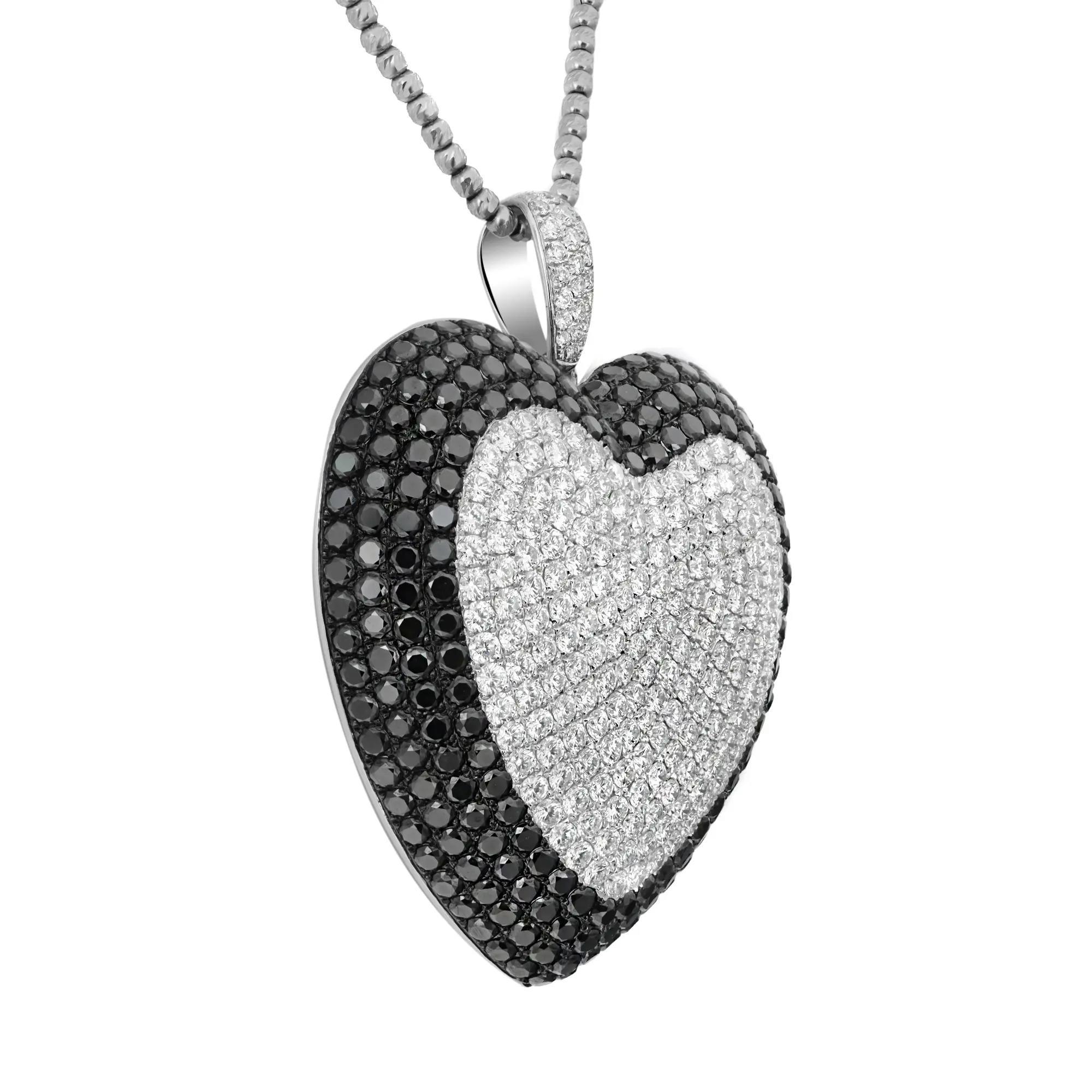 Modern Pave Set White & Black Diamond Heart Shape Pendant Necklace 18K White Gold 19Ctw For Sale