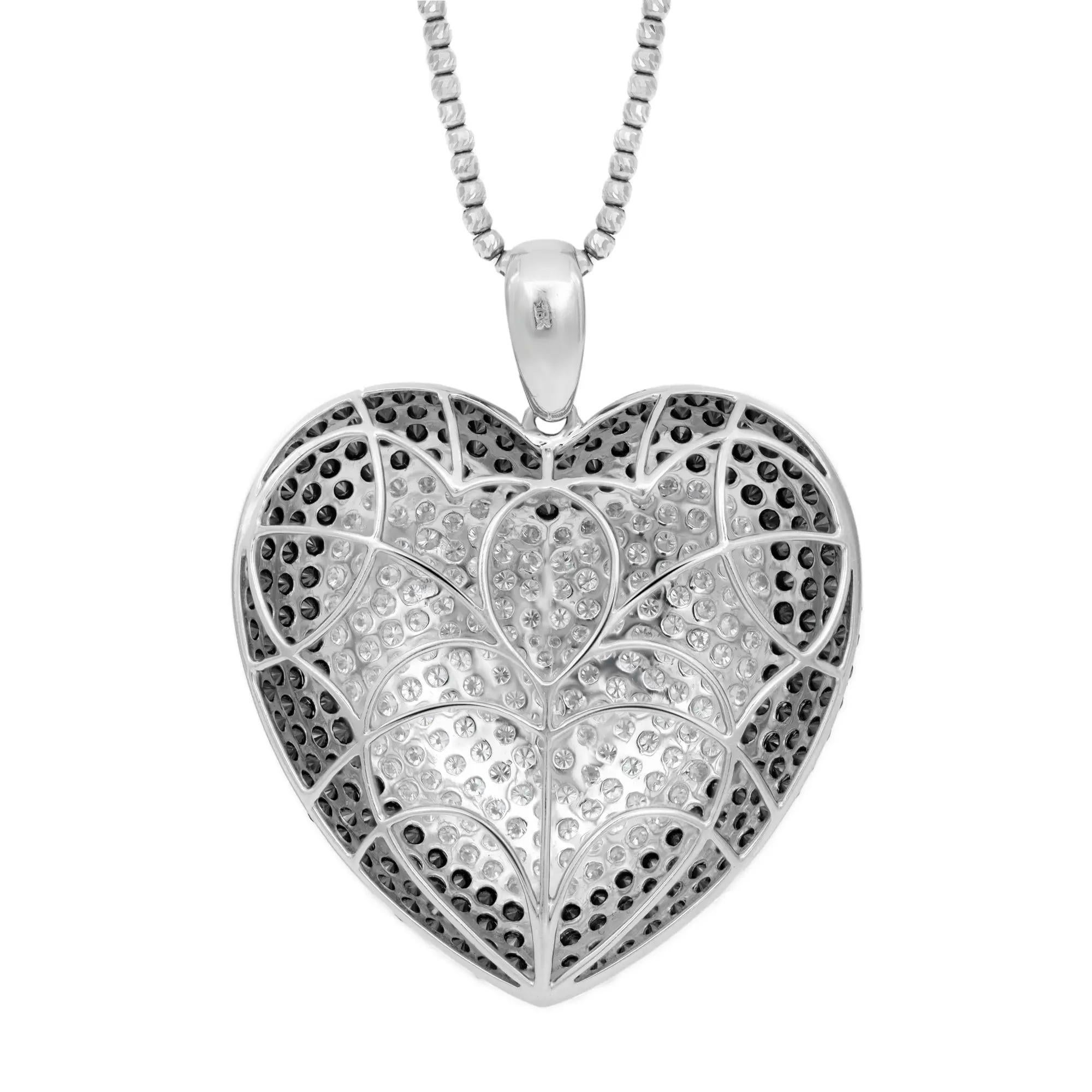 Round Cut Pave Set White & Black Diamond Heart Shape Pendant Necklace 18K White Gold 19Ctw For Sale