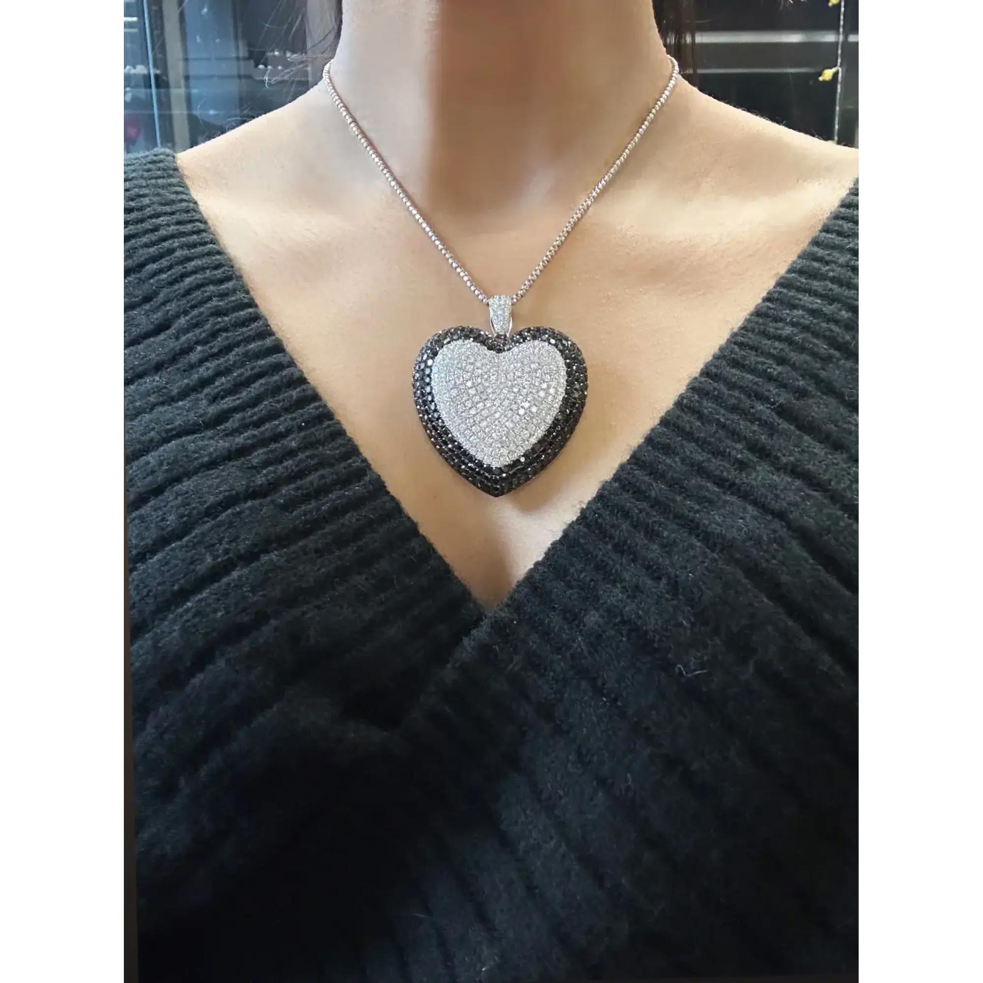 Women's or Men's Pave Set White & Black Diamond Heart Shape Pendant Necklace 18K White Gold 19Ctw For Sale