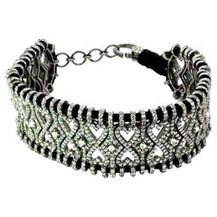 Pave Set Zircon Macrame Black Thread Vintage Bracelet for Her in Silver