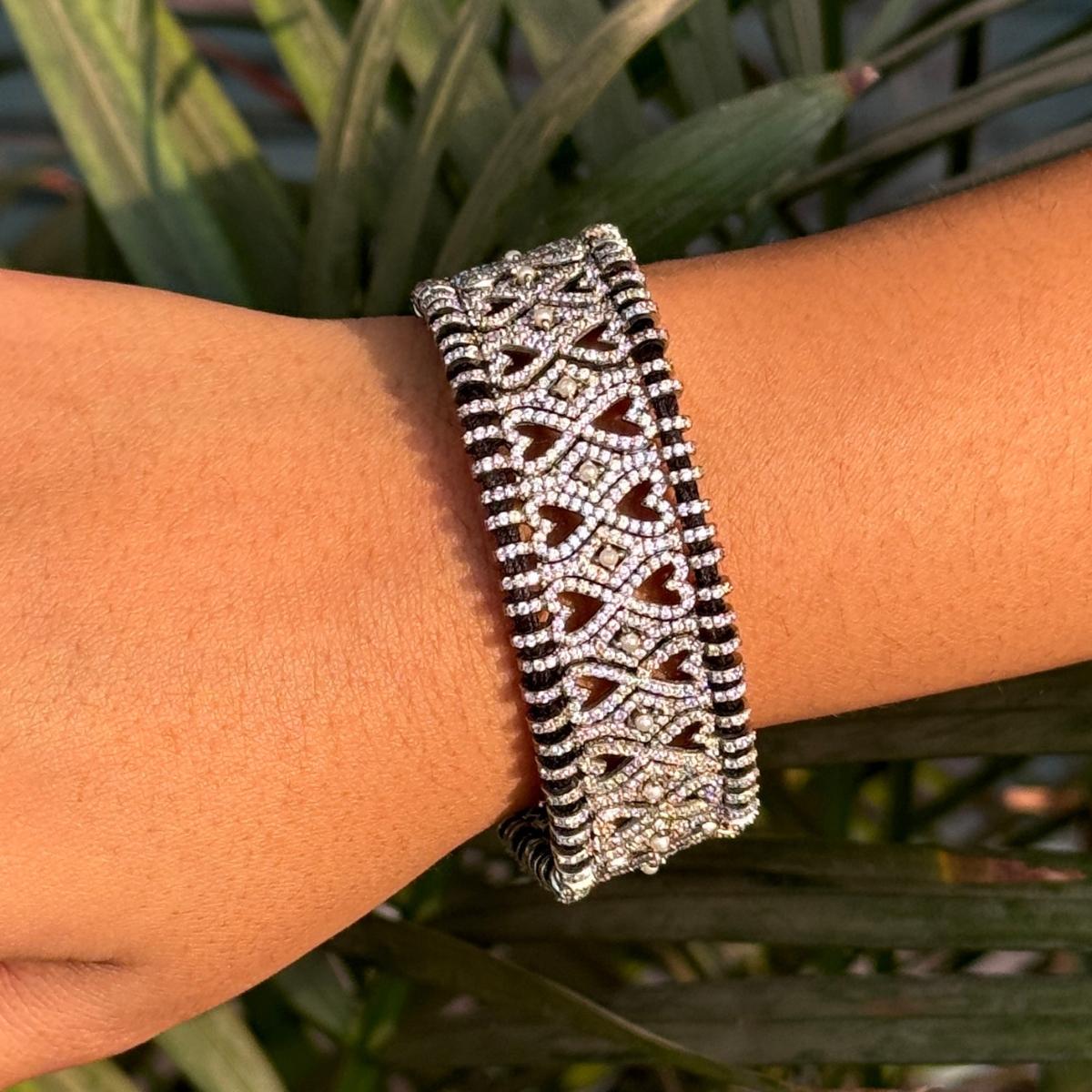 Vintage Style Pave Set Zircon Macrame Black Thread Bracelet in sterling silver. You shall need statement thread bracelet to make a statement with your look. Each piece features dazzling cubic zirconia stones, renowned for their brilliance and