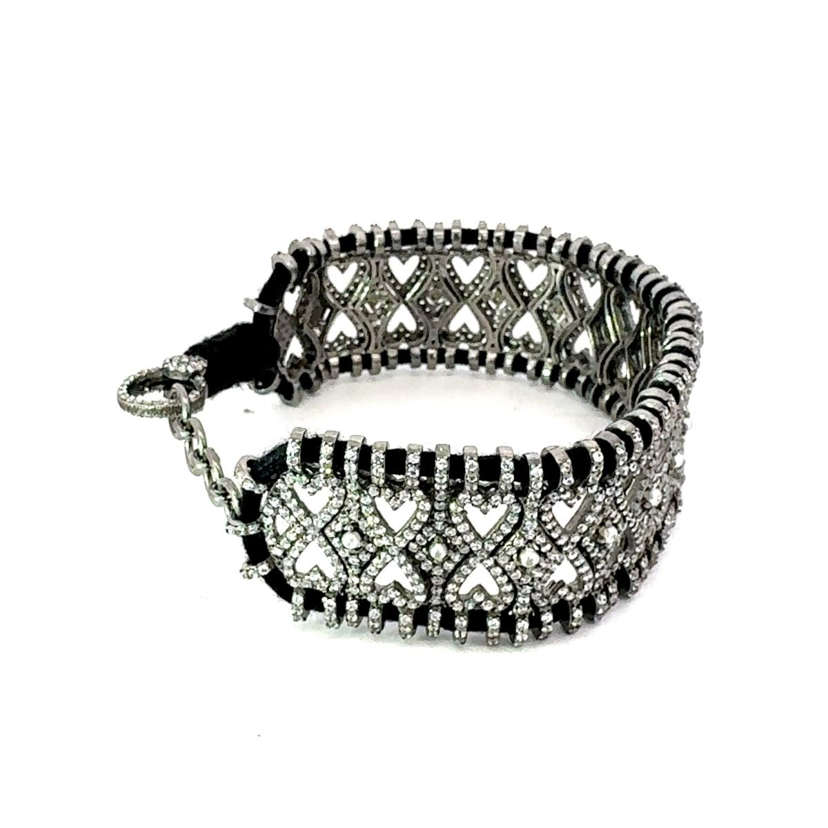 Modernist Vintage Style Pave Set Zircon Macrame Black Thread Bracelet for Unisex in Silver For Sale