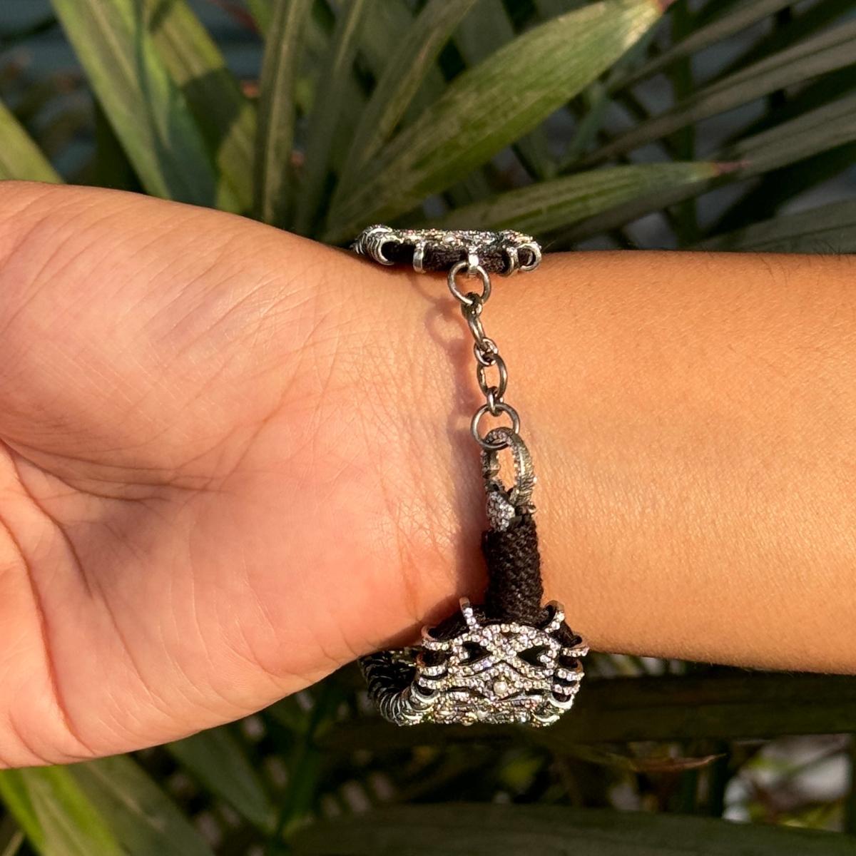 Vintage Style Pave Set Zircon Macrame Black Thread Bracelet for Unisex in Silver In New Condition For Sale In New York, NY