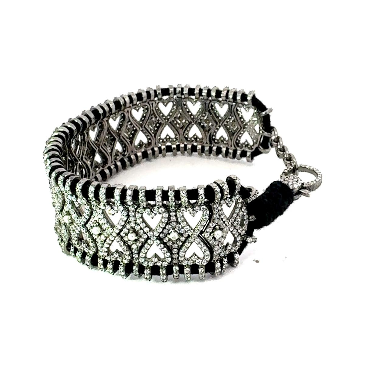 Vintage Style Pave Set Zircon Macrame Black Thread Bracelet for Unisex in Silver For Sale 1